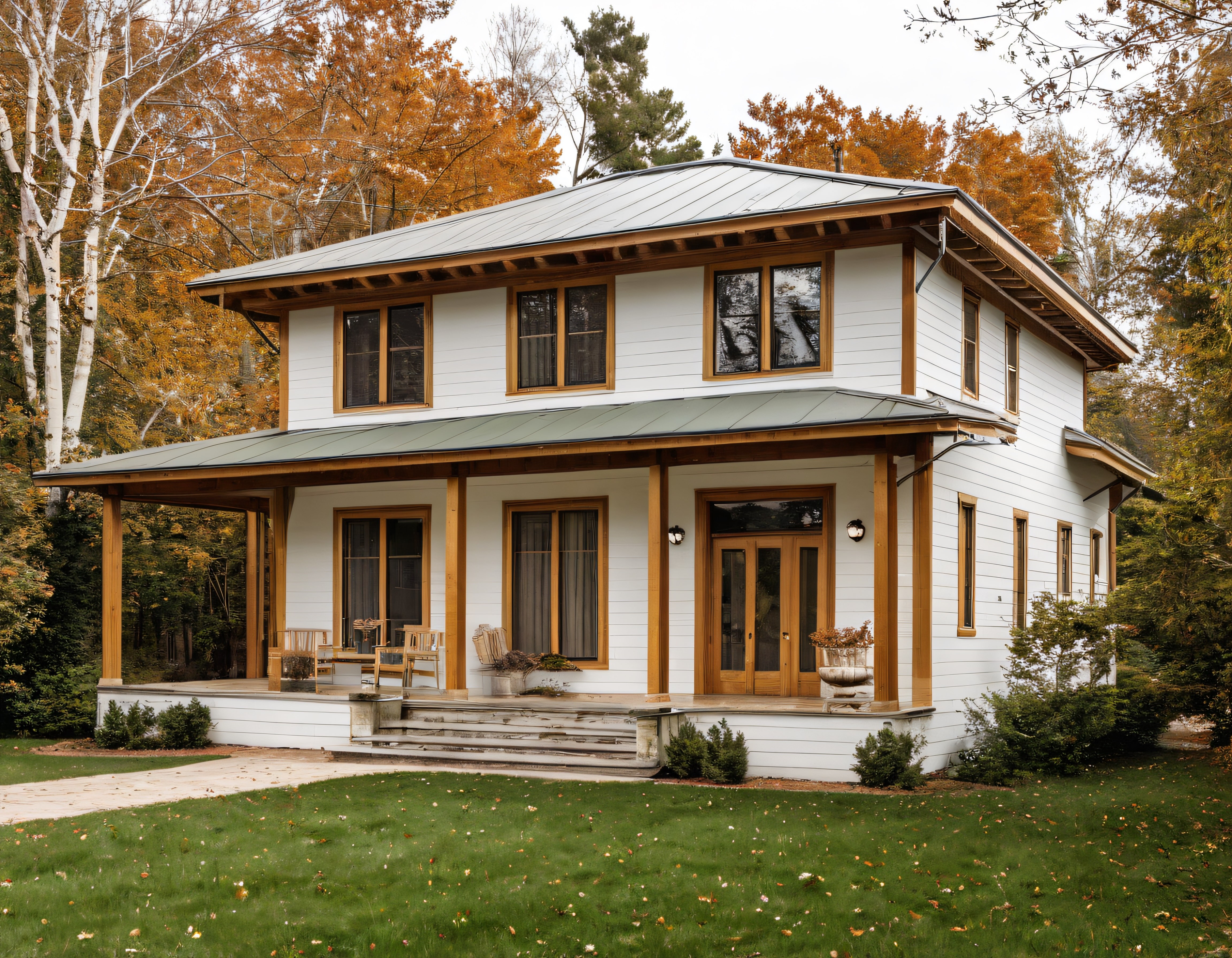 Sonbahar Renklerinde Ormanın İçinde Verandalı Beyaz Ahşap Kır Evi Manzarası