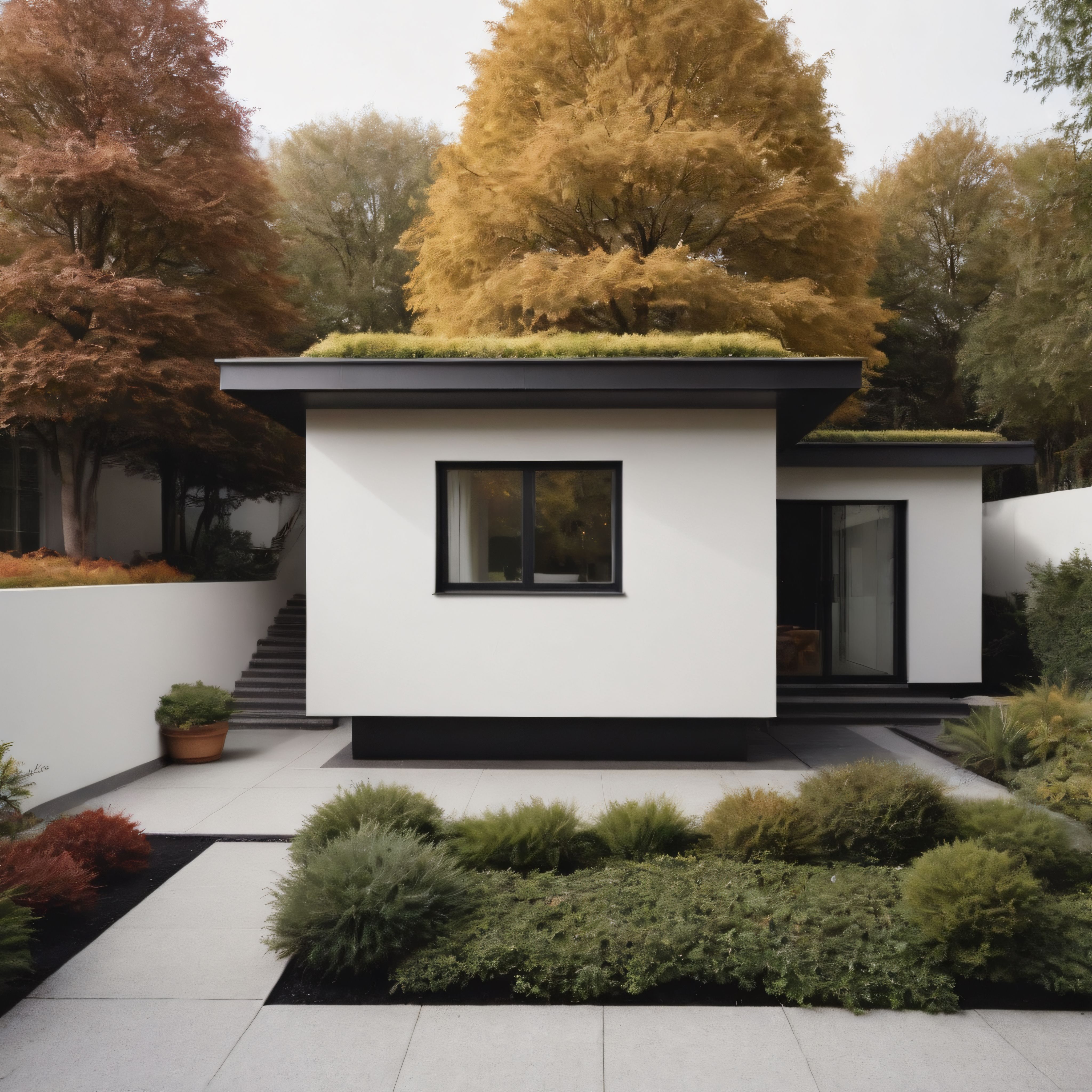 Sonbahar Renklerinde Yemyeşil Çatılı Modern Minimalist Villa ve Bahçe