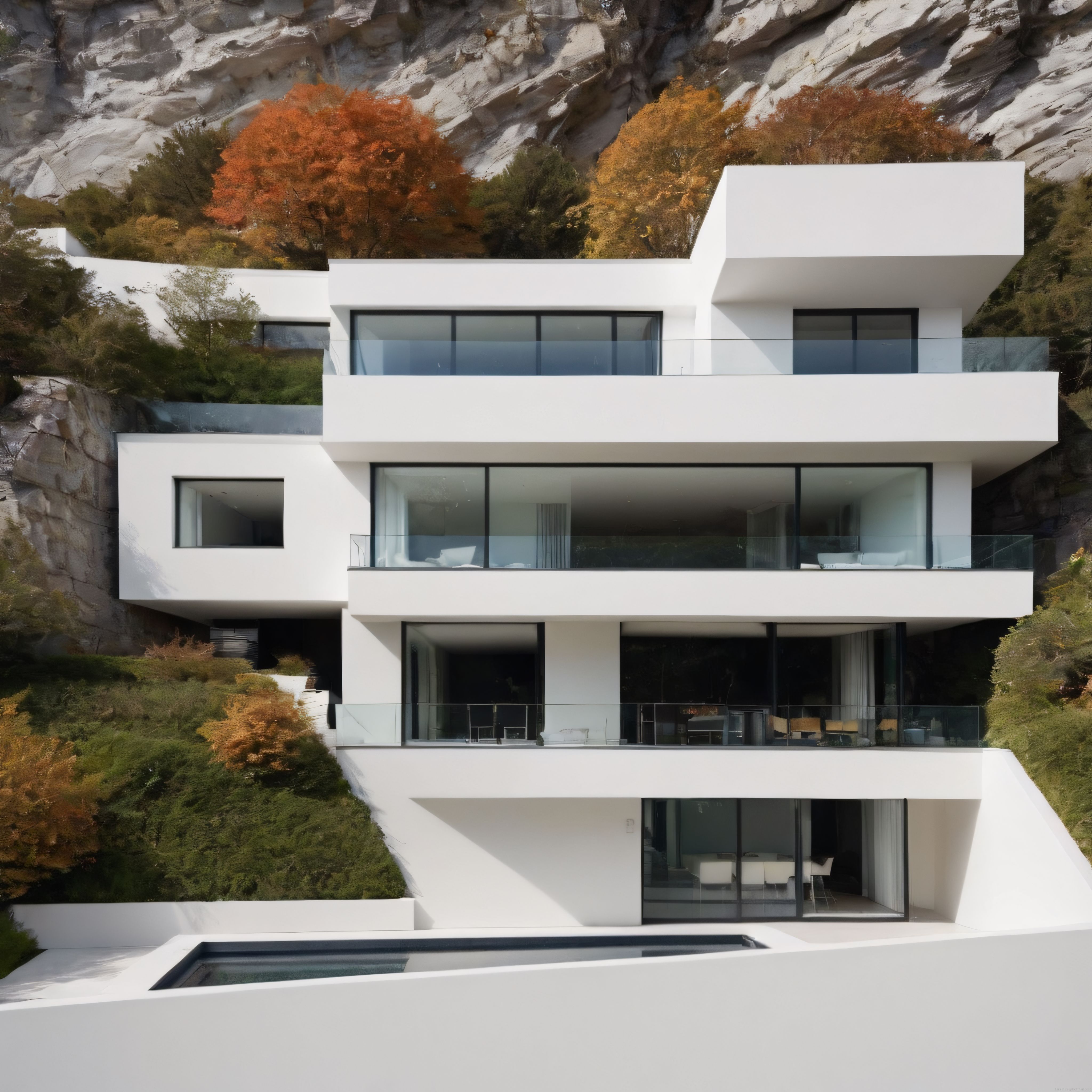 Sonbahar Renklerindeki Kayalık Yamaçta Modern ve Beyaz Minimalist Villa