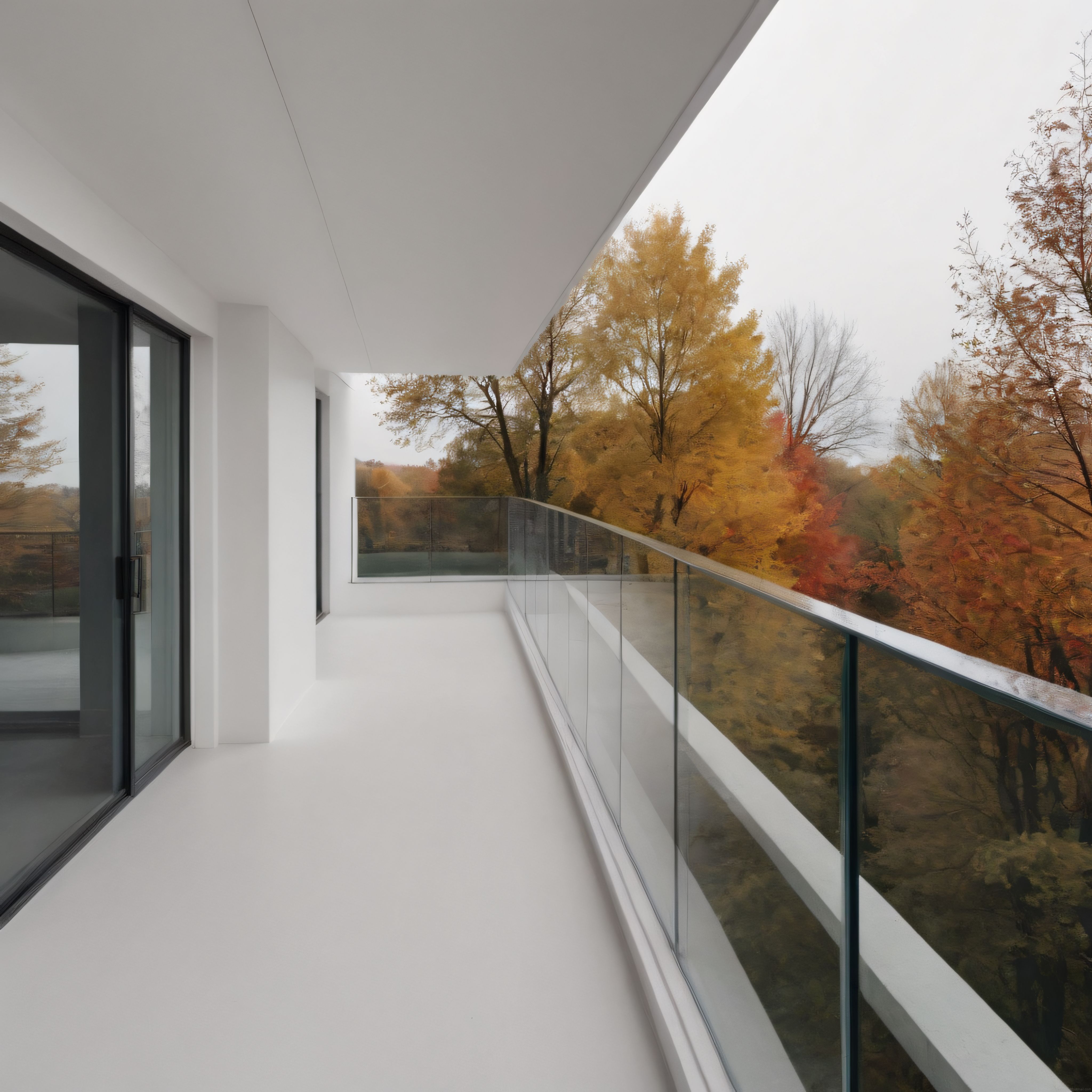Sonbahar Renklerine Açılan Minimalist Beyaz Balkon ve Şeffaf Cam Korkuluk