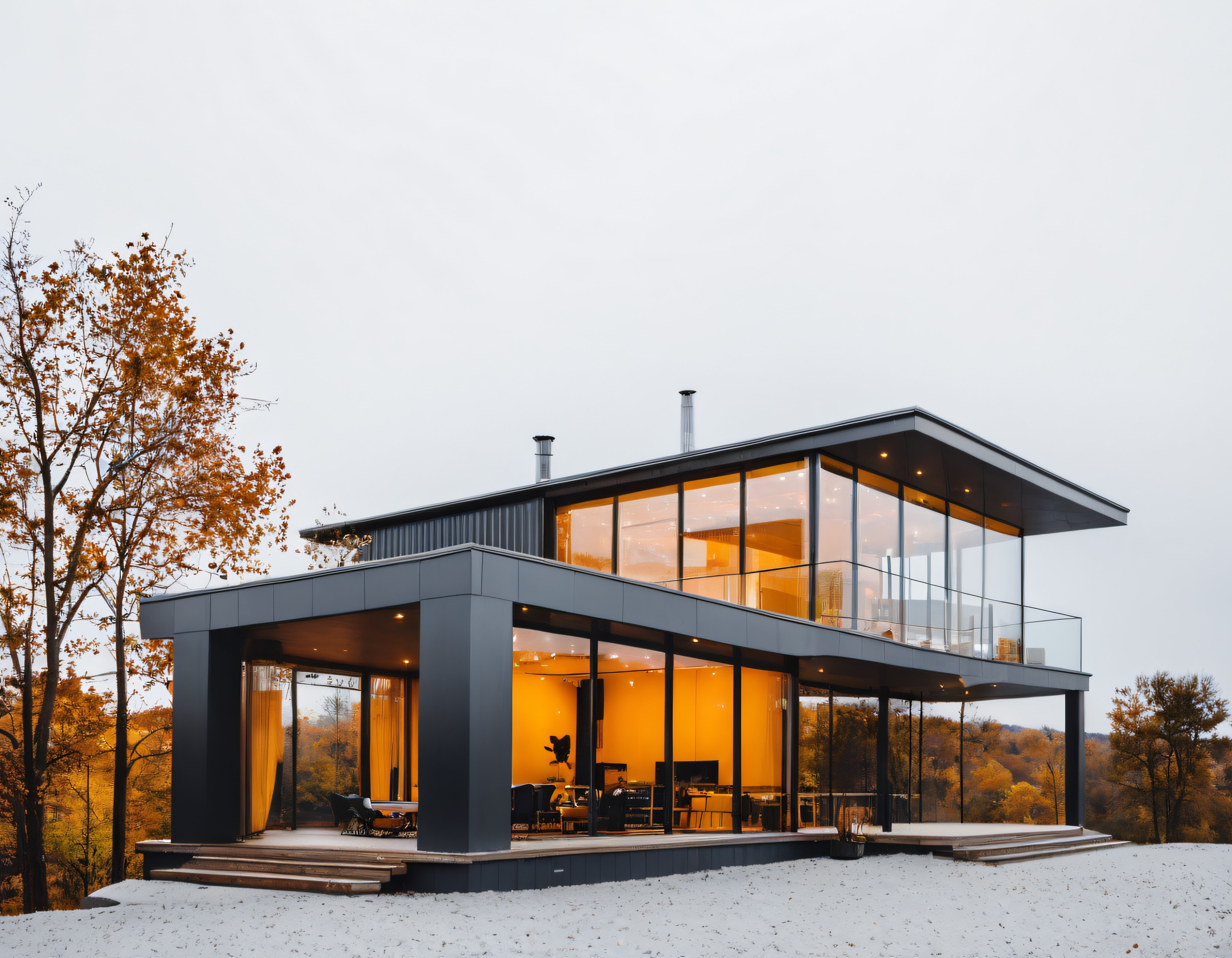 Sonbahar Renklerinin İçinde Cam Duvarlı Minimalist Bir Dağ Evi