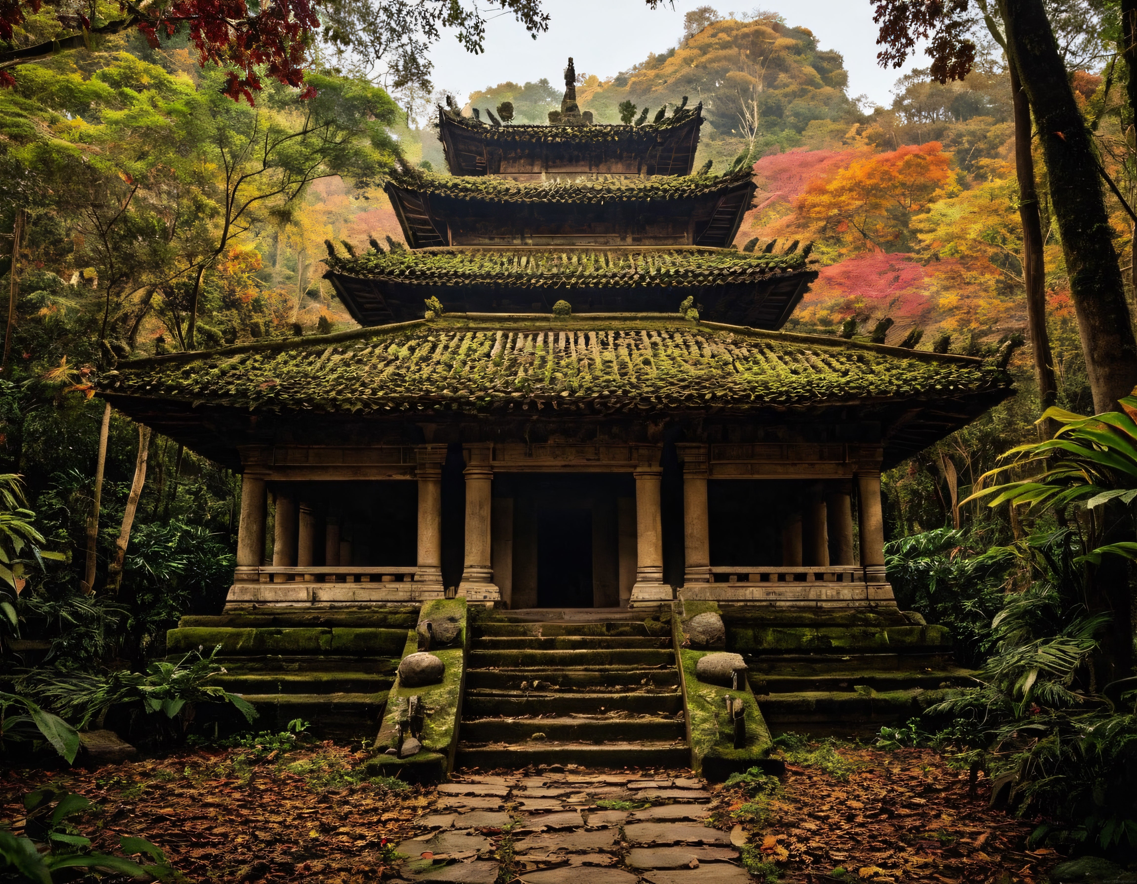 Sonbahar Renkleriyle Çevrili Eski Japon Tapınağı ve Sisli Orman Manzarası