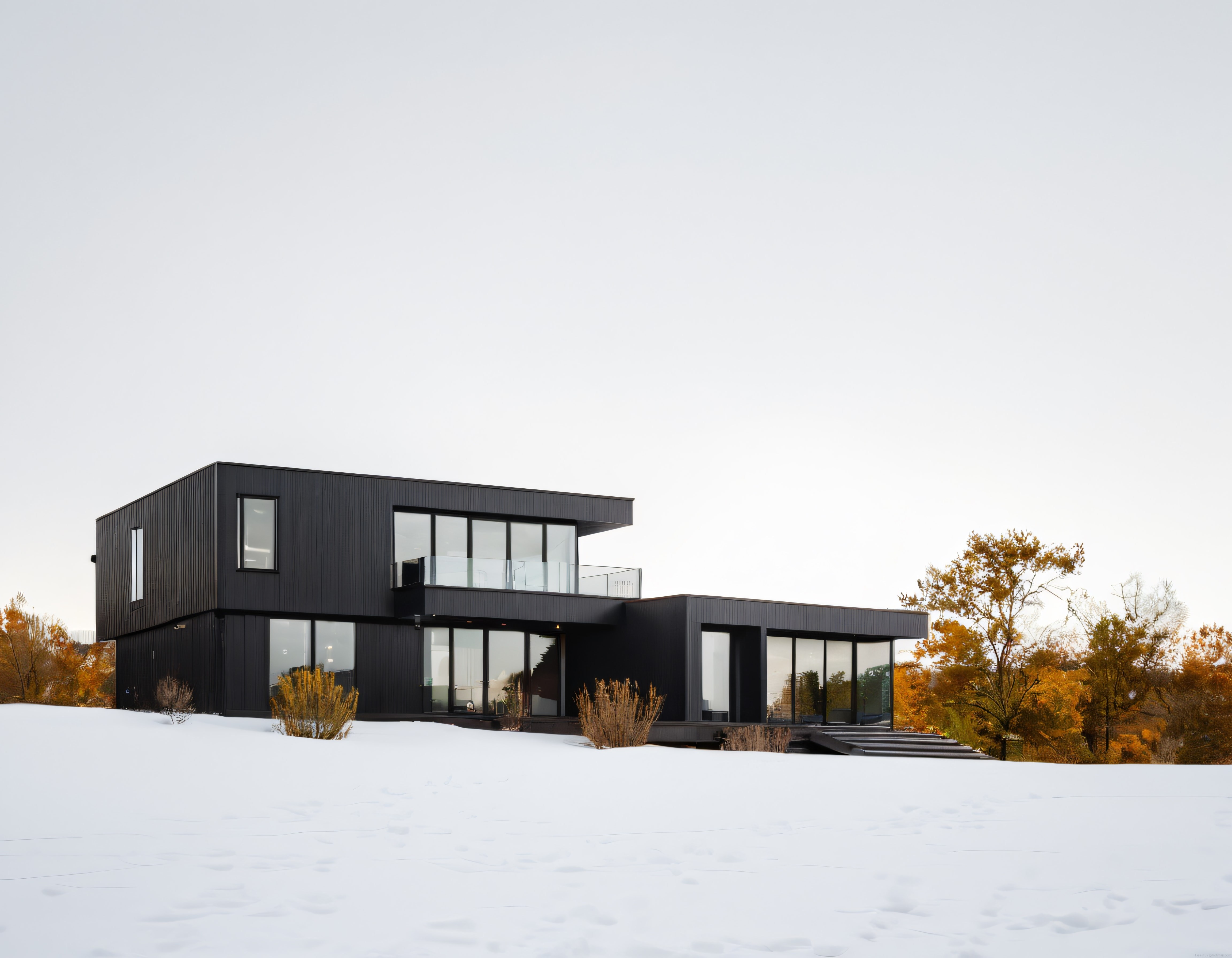 Sonbahar Renkleriyle Çevrili Karlı Arazide Modern Siyah Villa