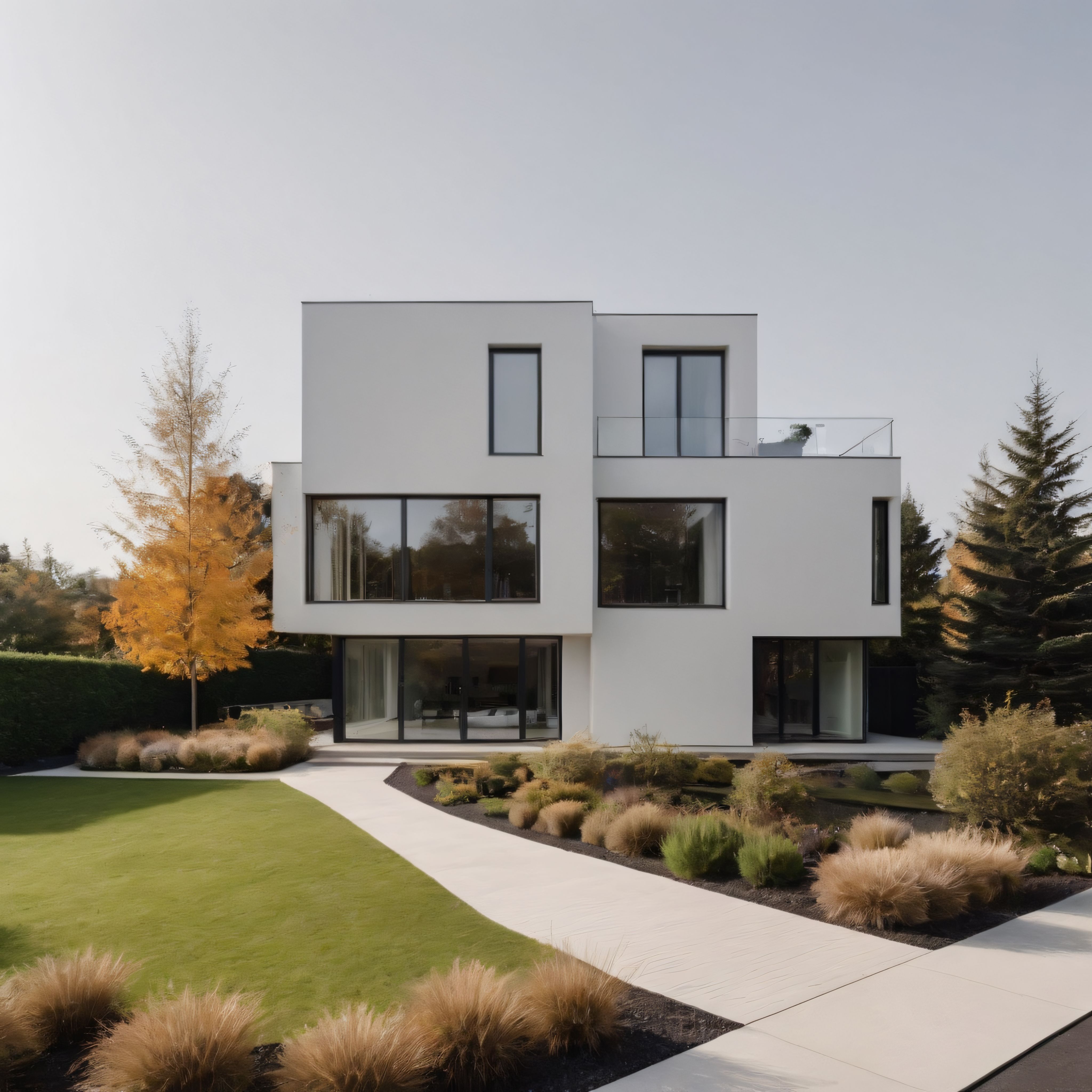 Sonbahar Renkleriyle Harmanlanmış Modern Minimalist Villa ve Bahçesi