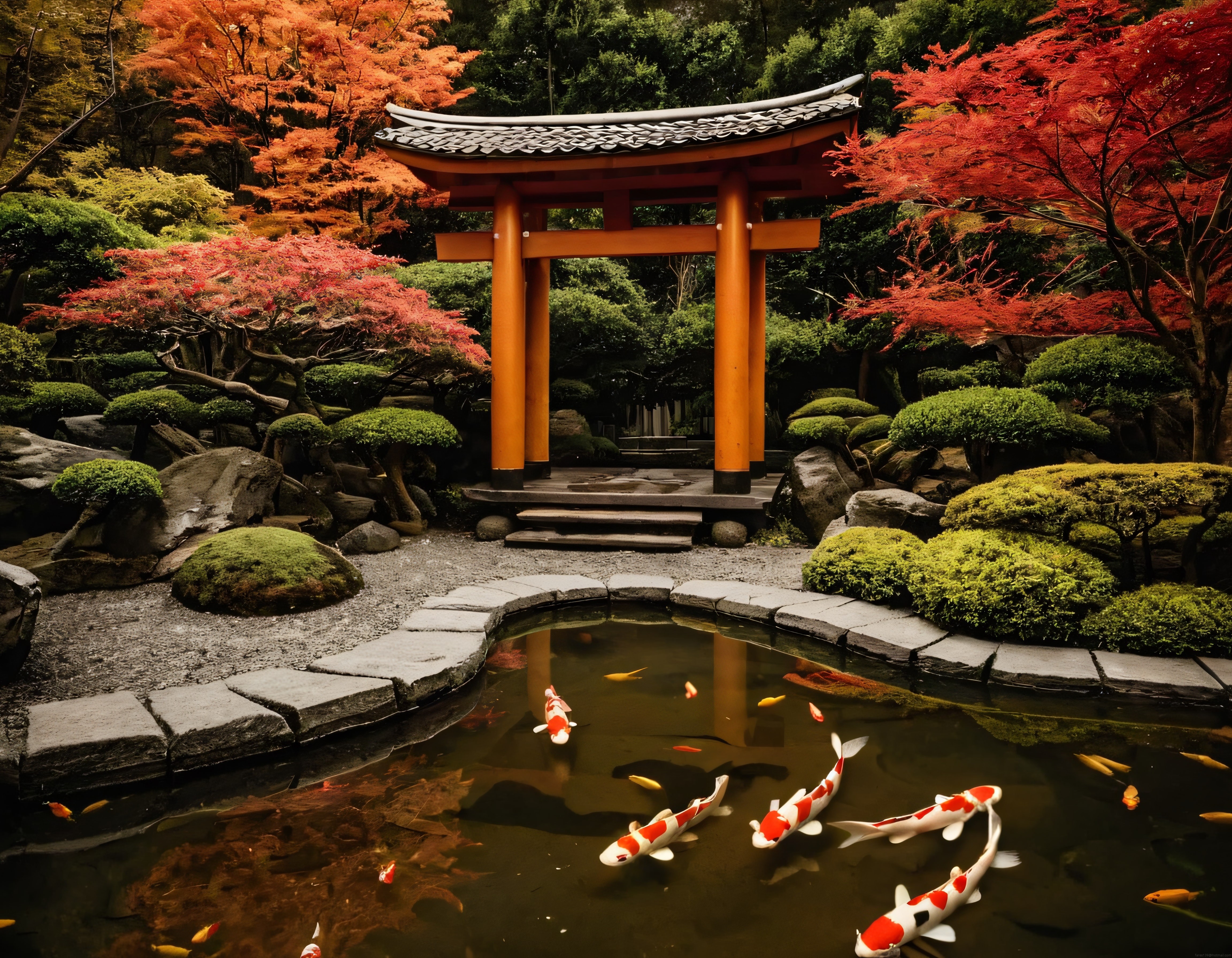 Sonbahar Renkleriyle Süslü Japon Bahçesinde Torii Kapısı ve Koi Balıkları