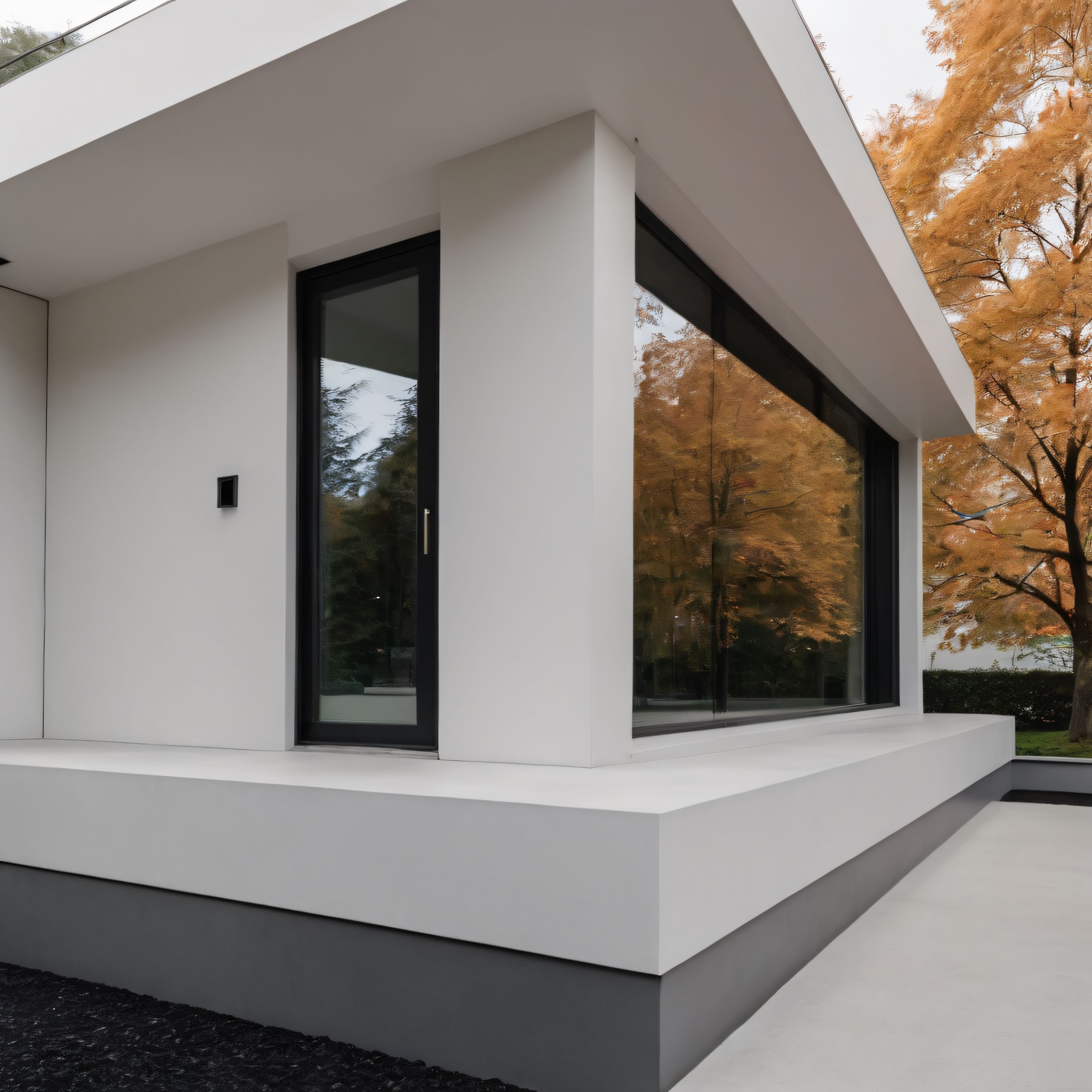 Sonbahar Renkleriyle Uyumlu Minimalist Beyaz Villa Tasarımı ve Cam Detayları