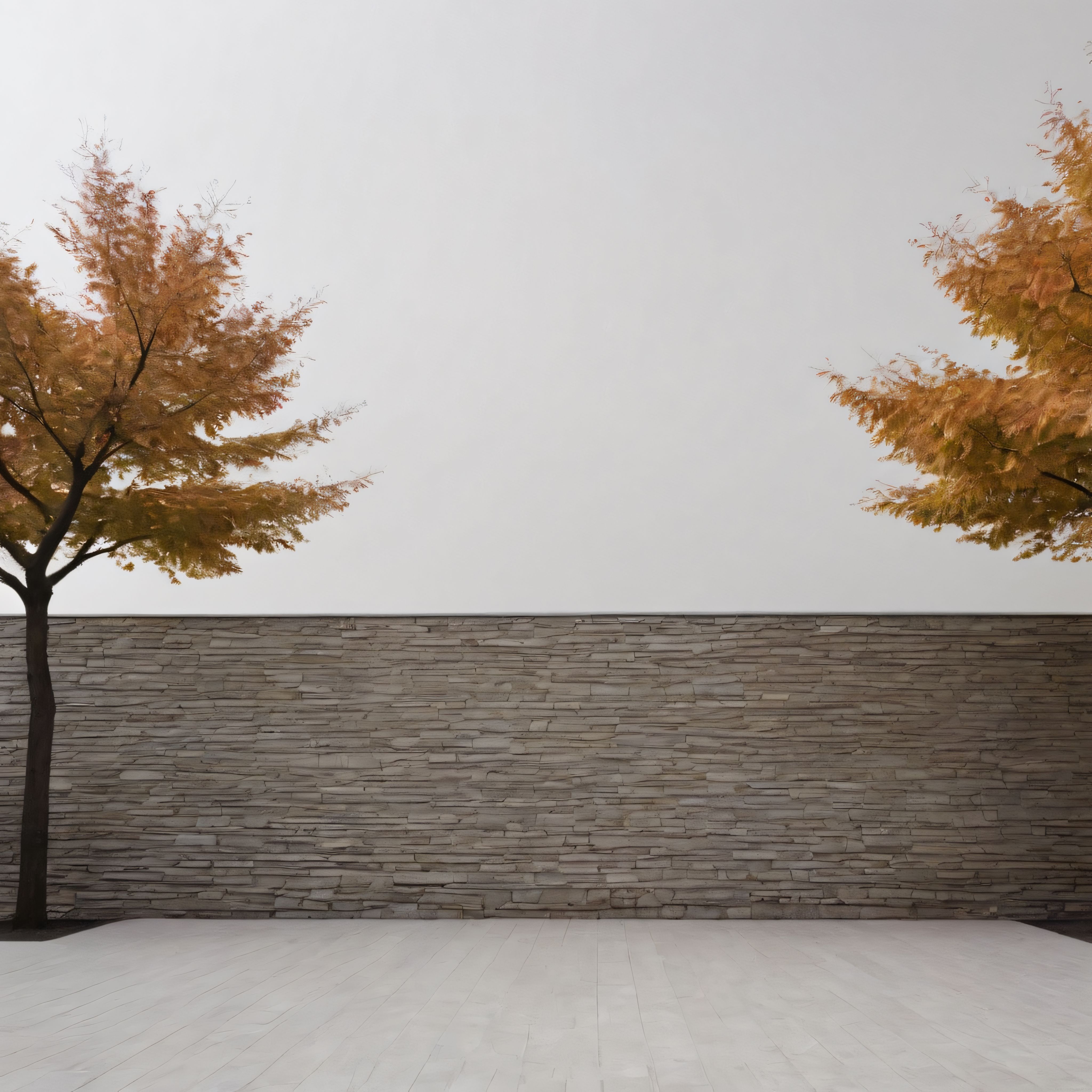 Sonbahar renkli ağaçlar ve gri taş duvarın sakin minimalist kompozisyonu