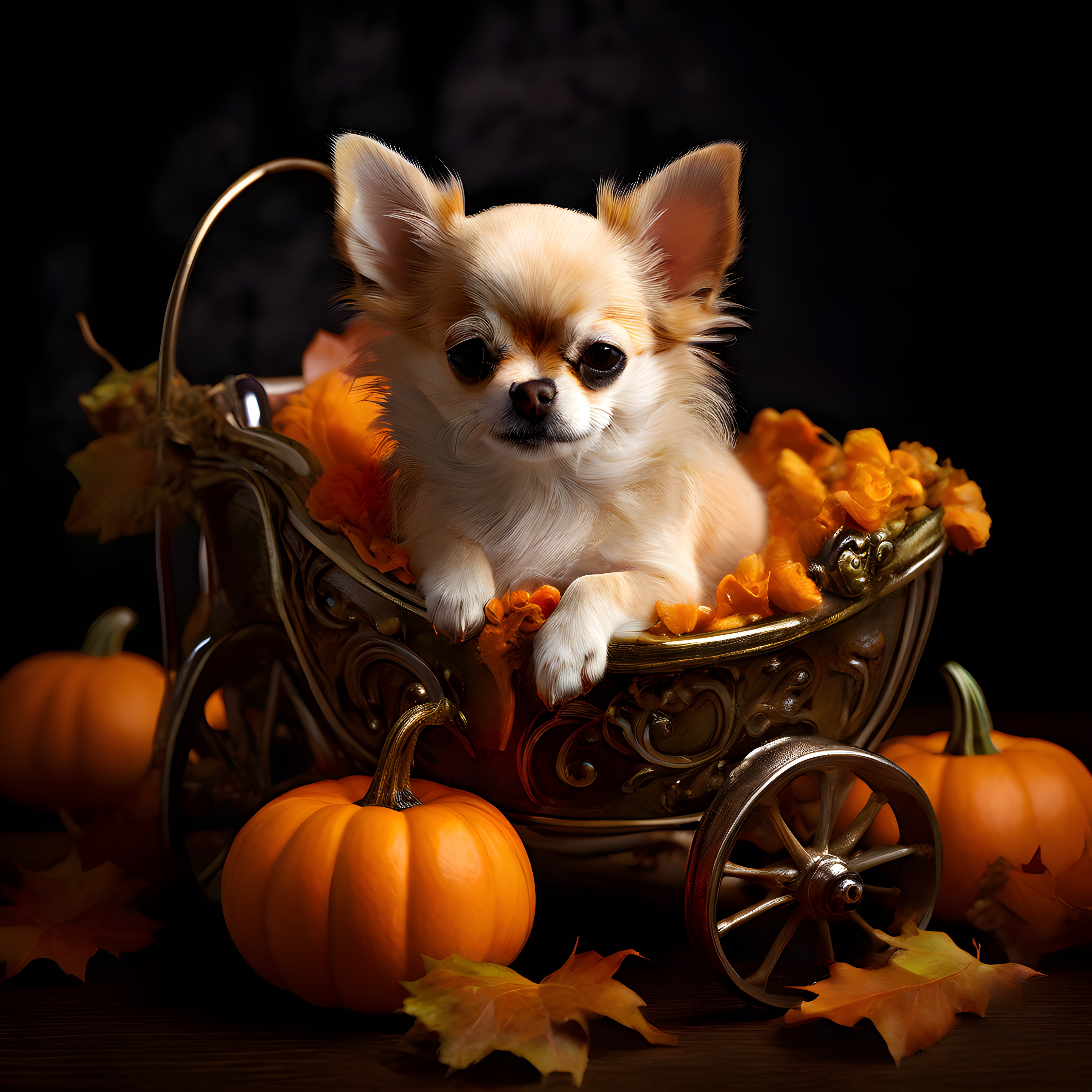Sonbahar temalı kabak arabası içinde oturan sevimli chihuahua köpek yavrusu