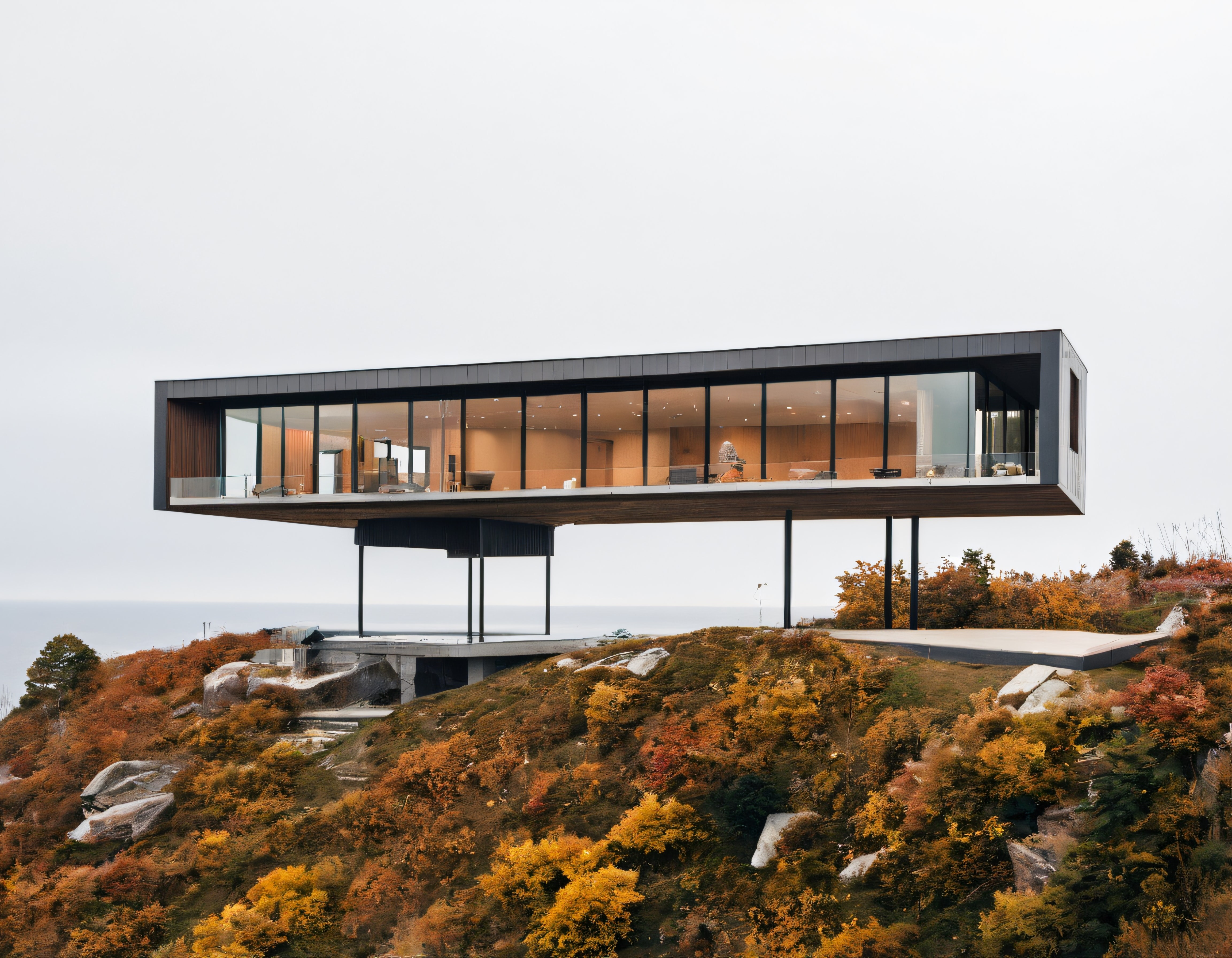 Sonbahar Tepelerinde Yükselen Cam Cepheli Deniz Manzaralı Modern Villa