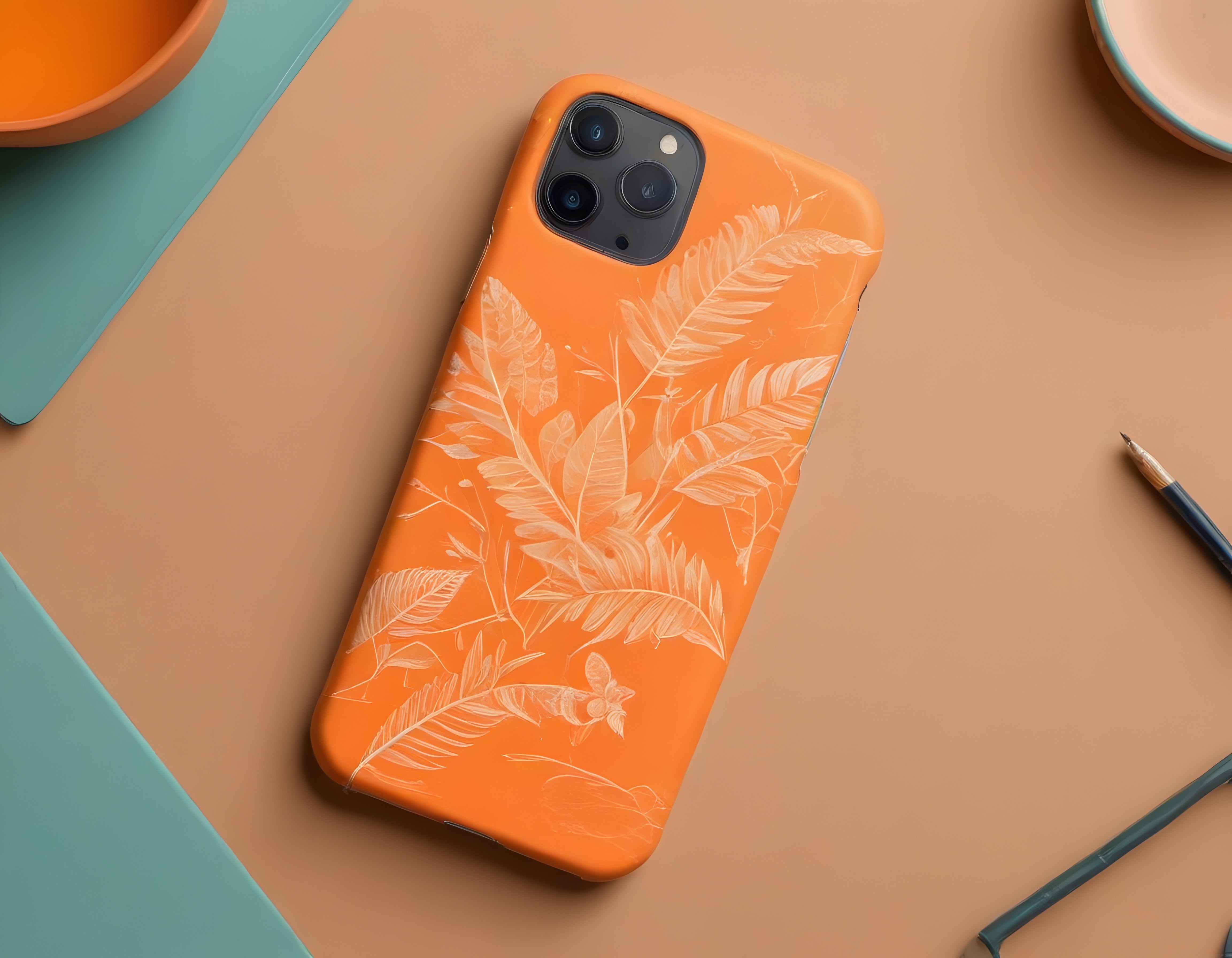 Sonbahar Tonlarında Bitki Desenli Telefon Kılıfı ve Çalışma Masası Estetiği