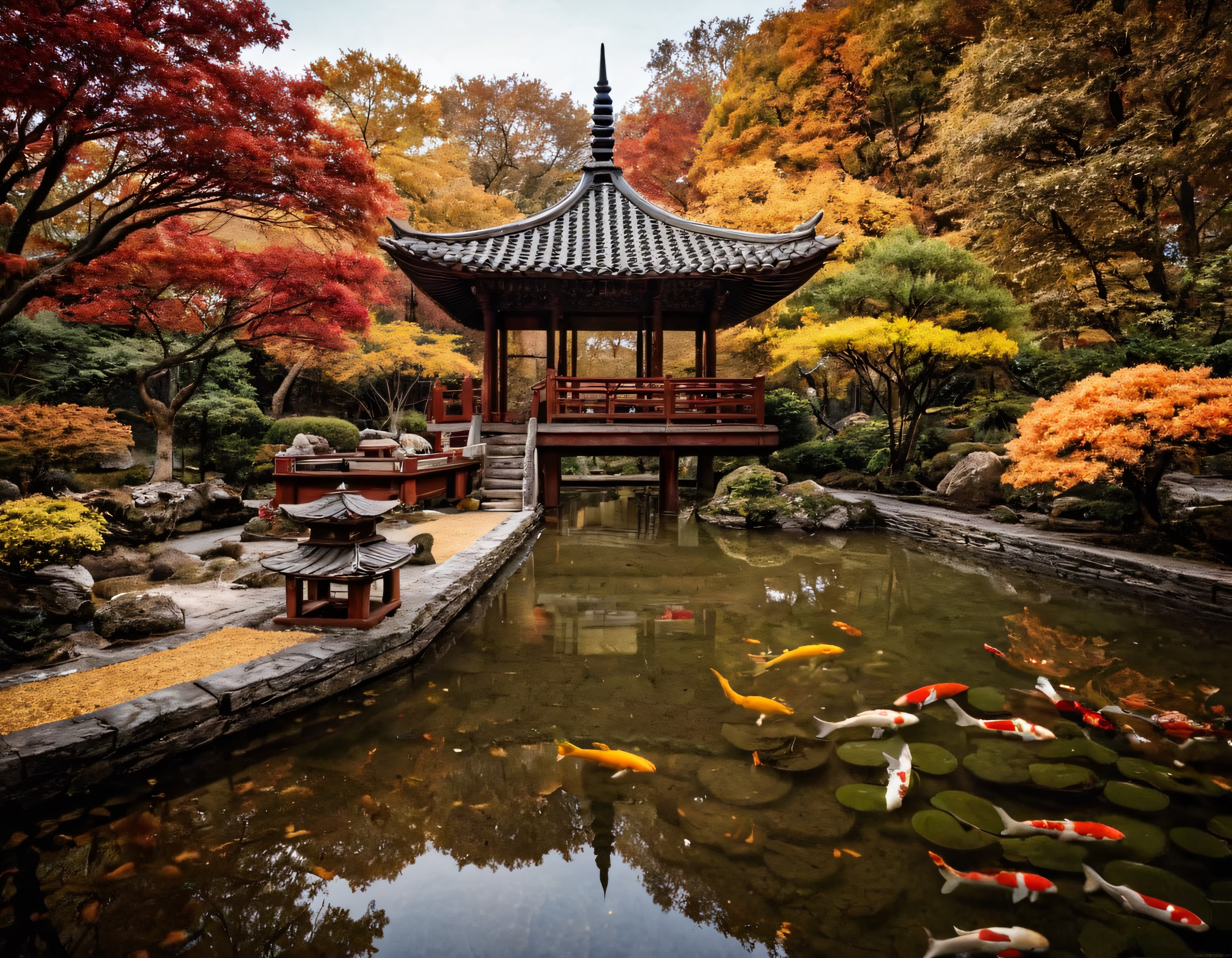 Sonbahar Tonlarında Geleneksel Pagoda ve Koi Balıklı Japon Bahçesi