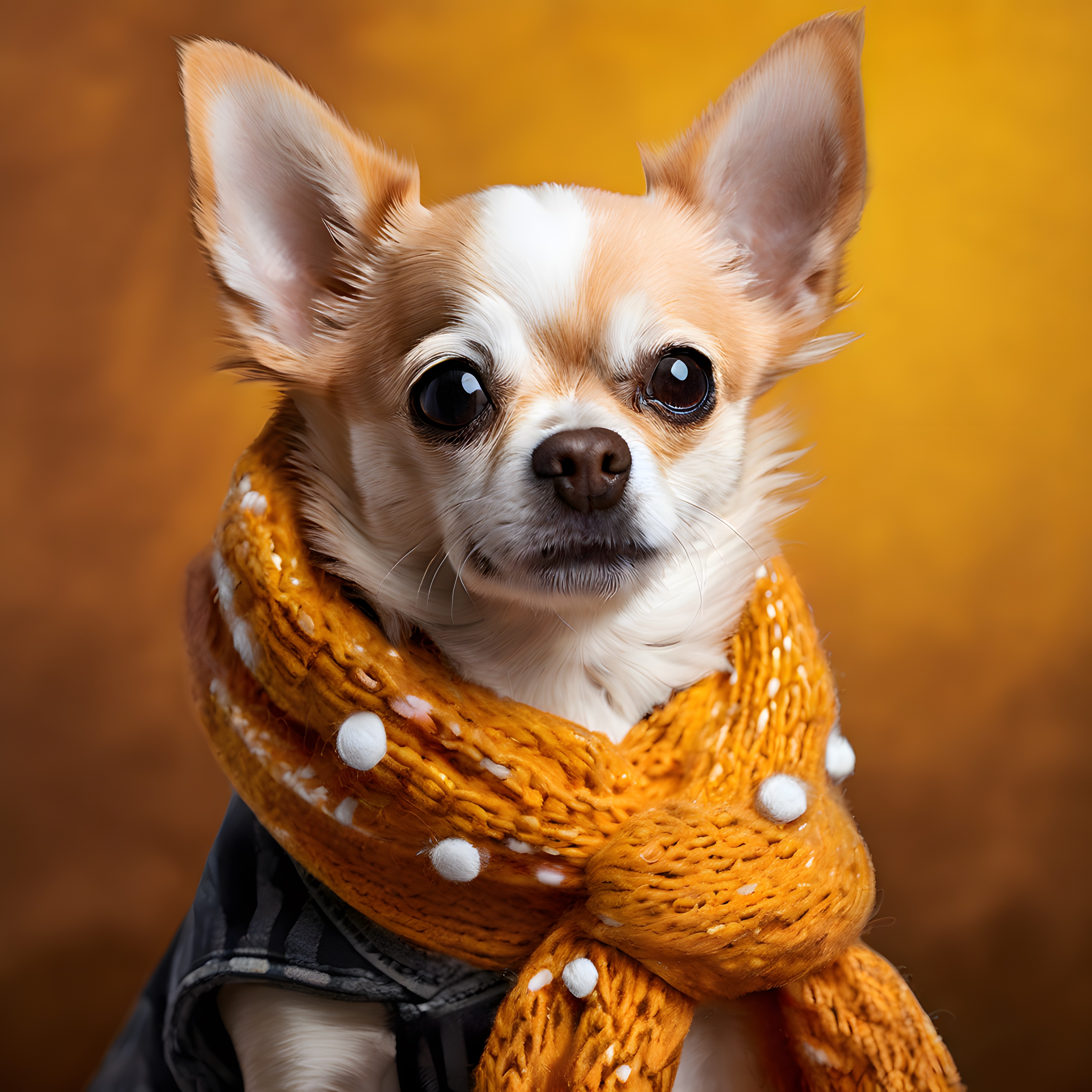 Sonbahar tonlarında kazak giydirilmiş sevimli chihuahua köpek portresi