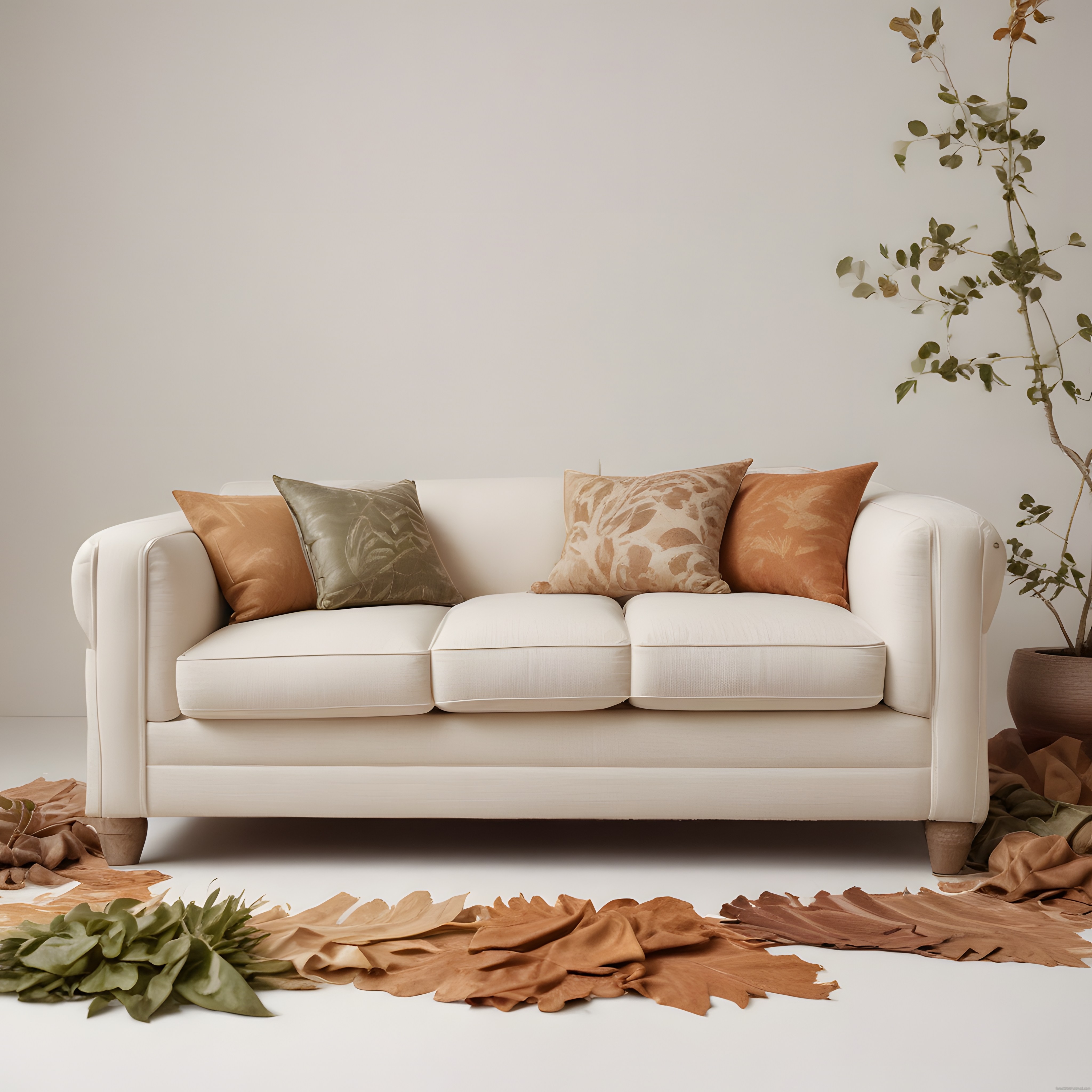 Sonbahar Tonlarında Yastıklarla Süslenmiş Krem Beyaz Minimalist Koltuk