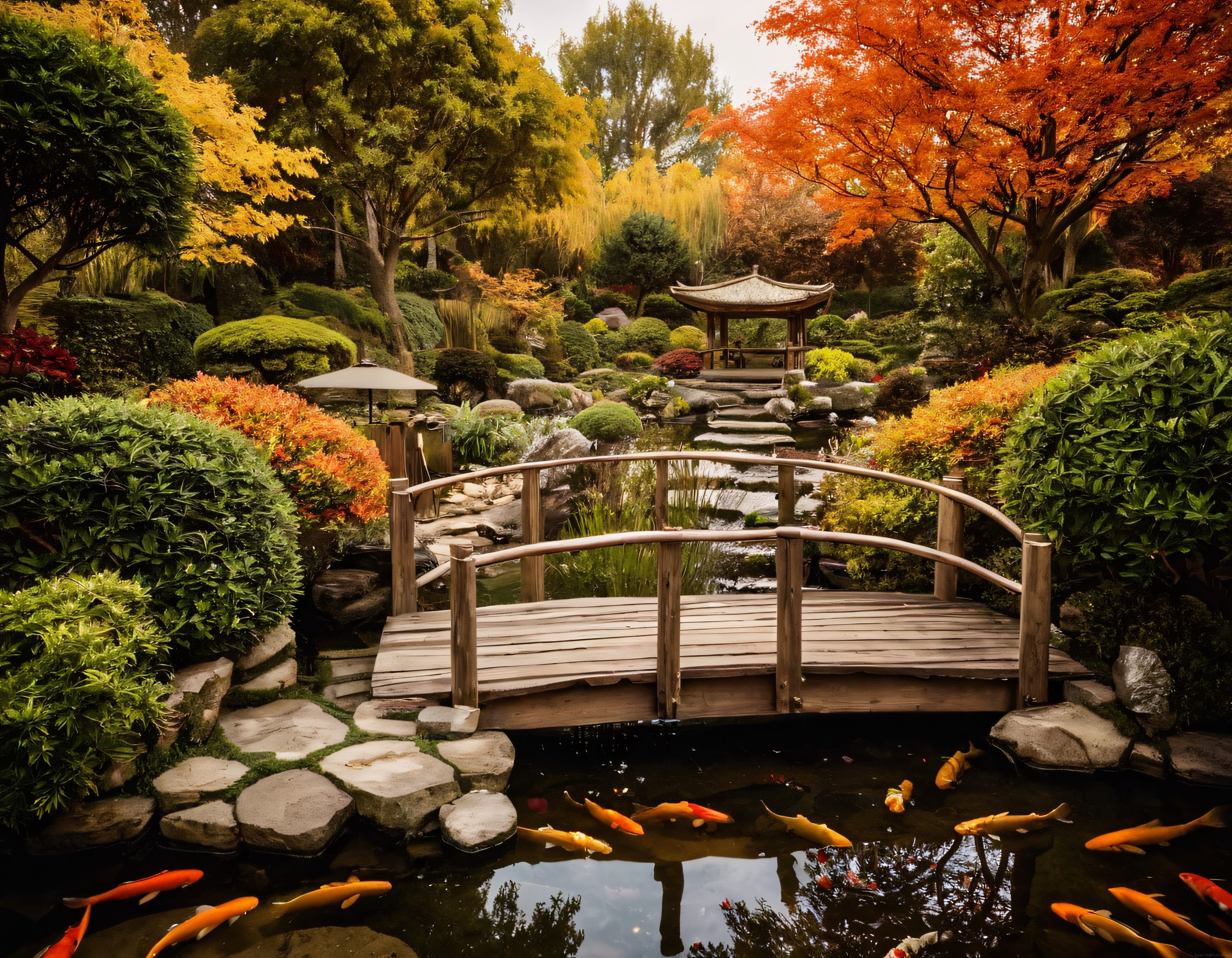 Sonbahar Tonlarında Zen Japon Bahçesi: Koi Balıkları ve Ahşap Köprü