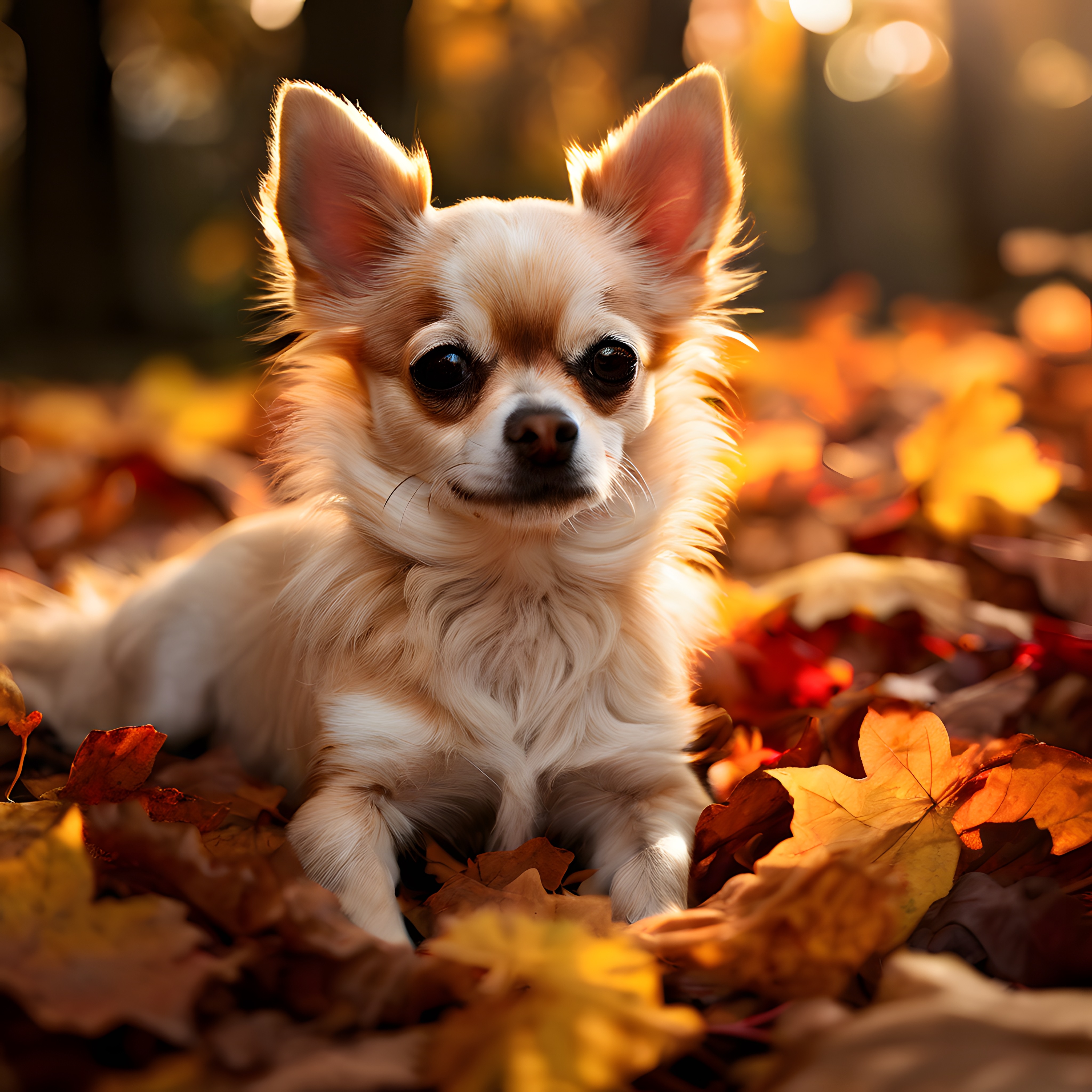 Sonbahar Yaprakları Arasında Dinlenen Sevimli Chihuahua Köpeği Portresi