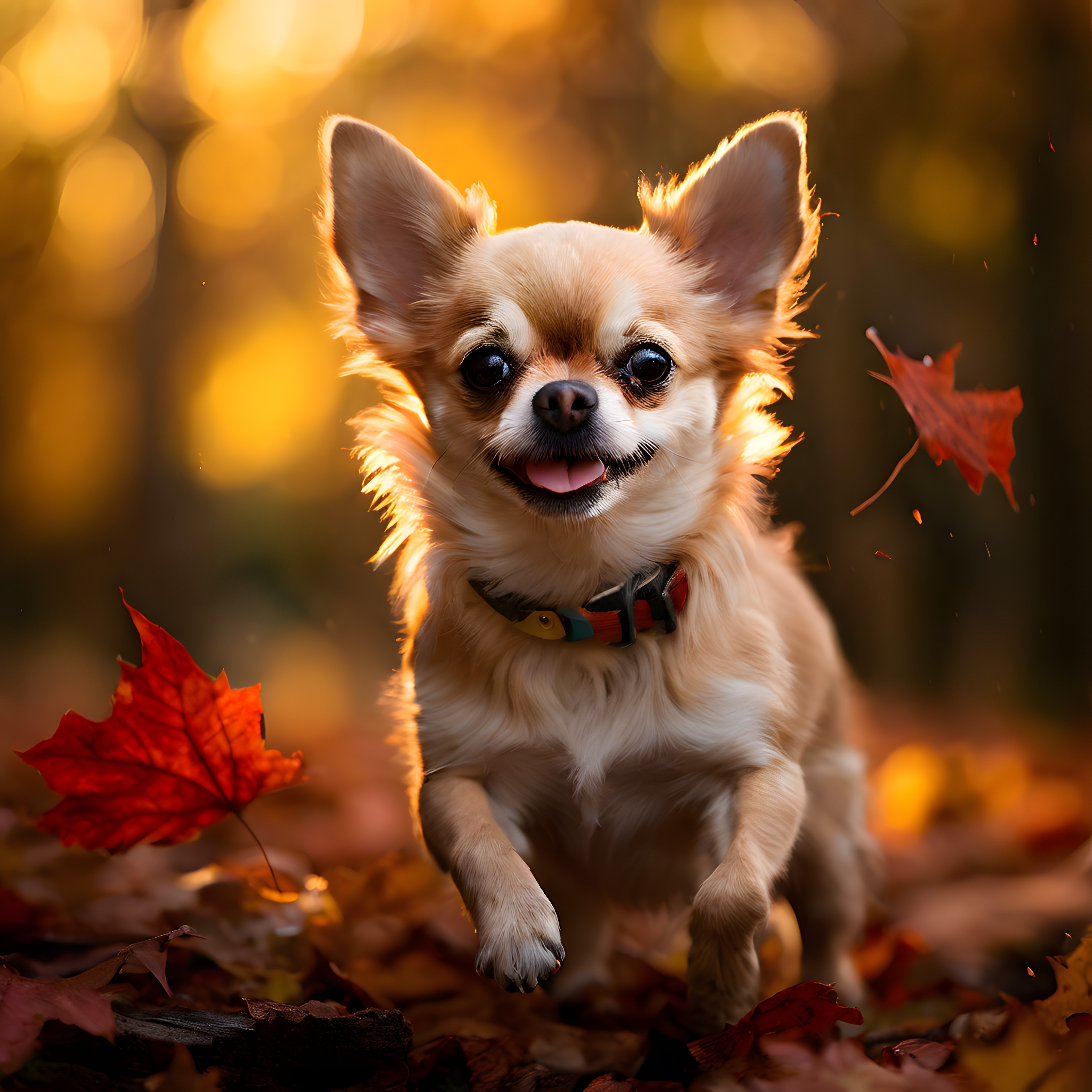 Sonbahar Yaprakları Arasında Koşan Sevimli Chihuahua Köpek Portresi