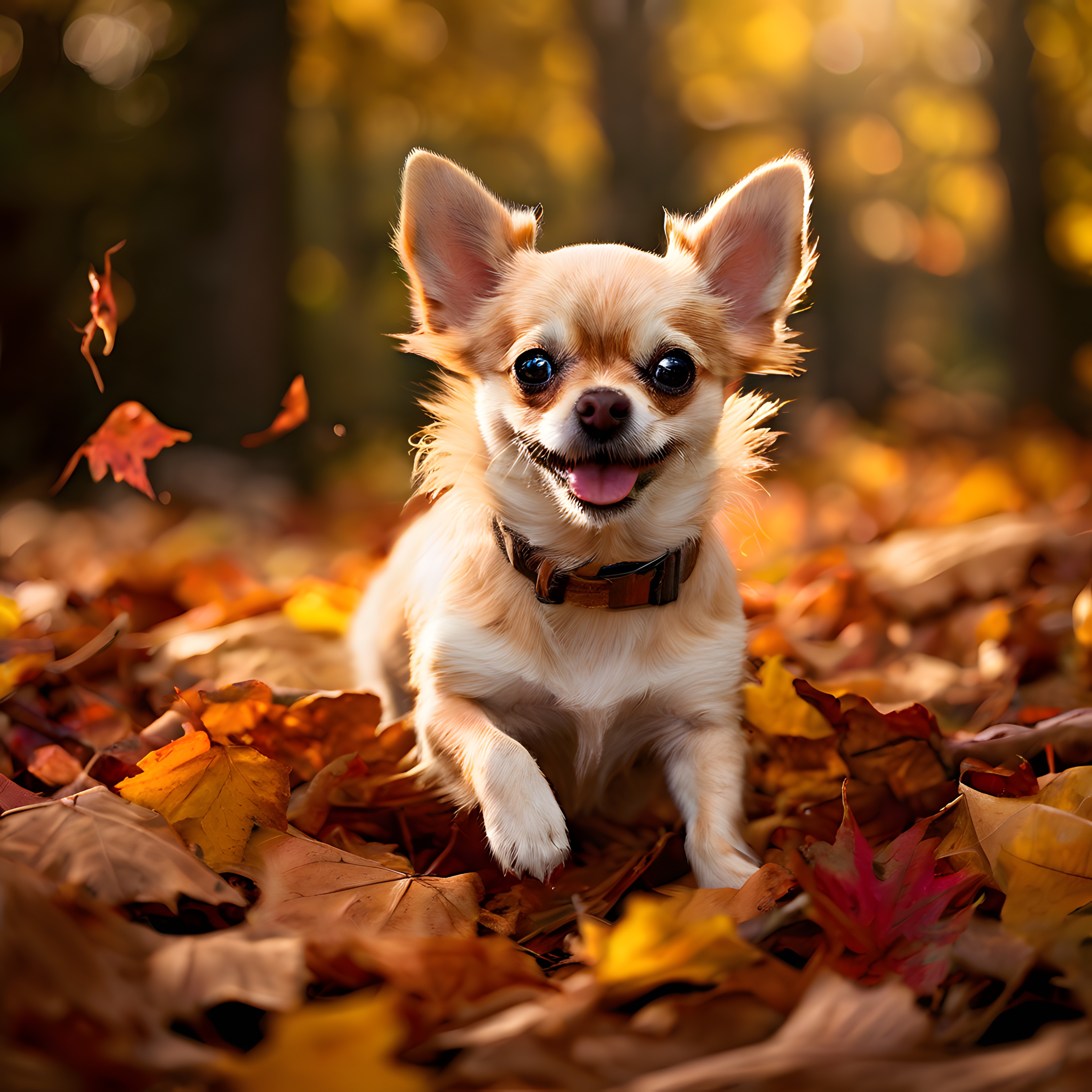 Sonbahar Yaprakları Arasında Neşeyle Koşan Sevimli Chihuahua Köpeği