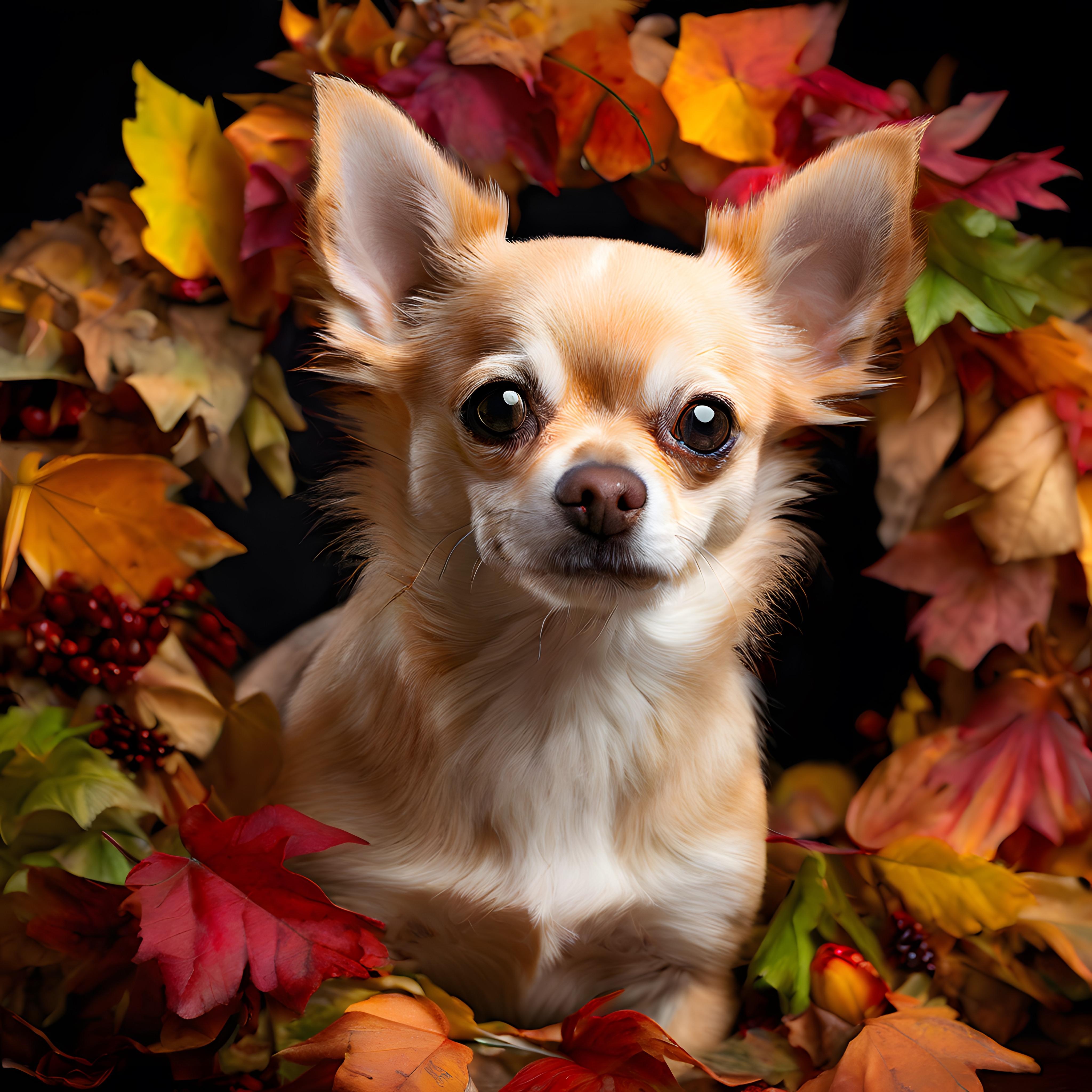 Sonbahar Yaprakları Arasında Oturan Sevimli Chihuahua Köpek Portresi