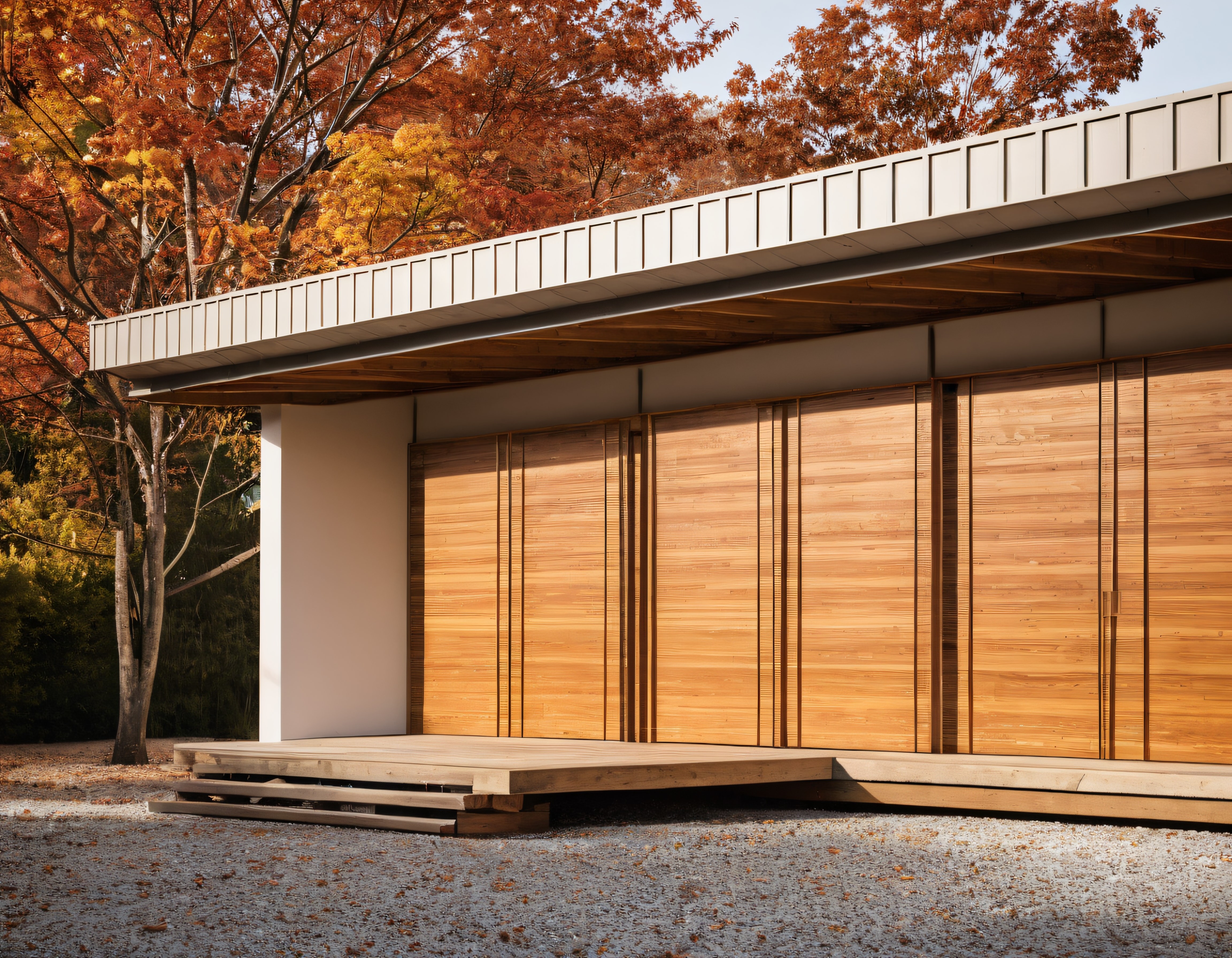 Sonbahar Yapraklarıyla Çevrili Minimalist Ahşap Cepheli Modern Ev Görünümü
