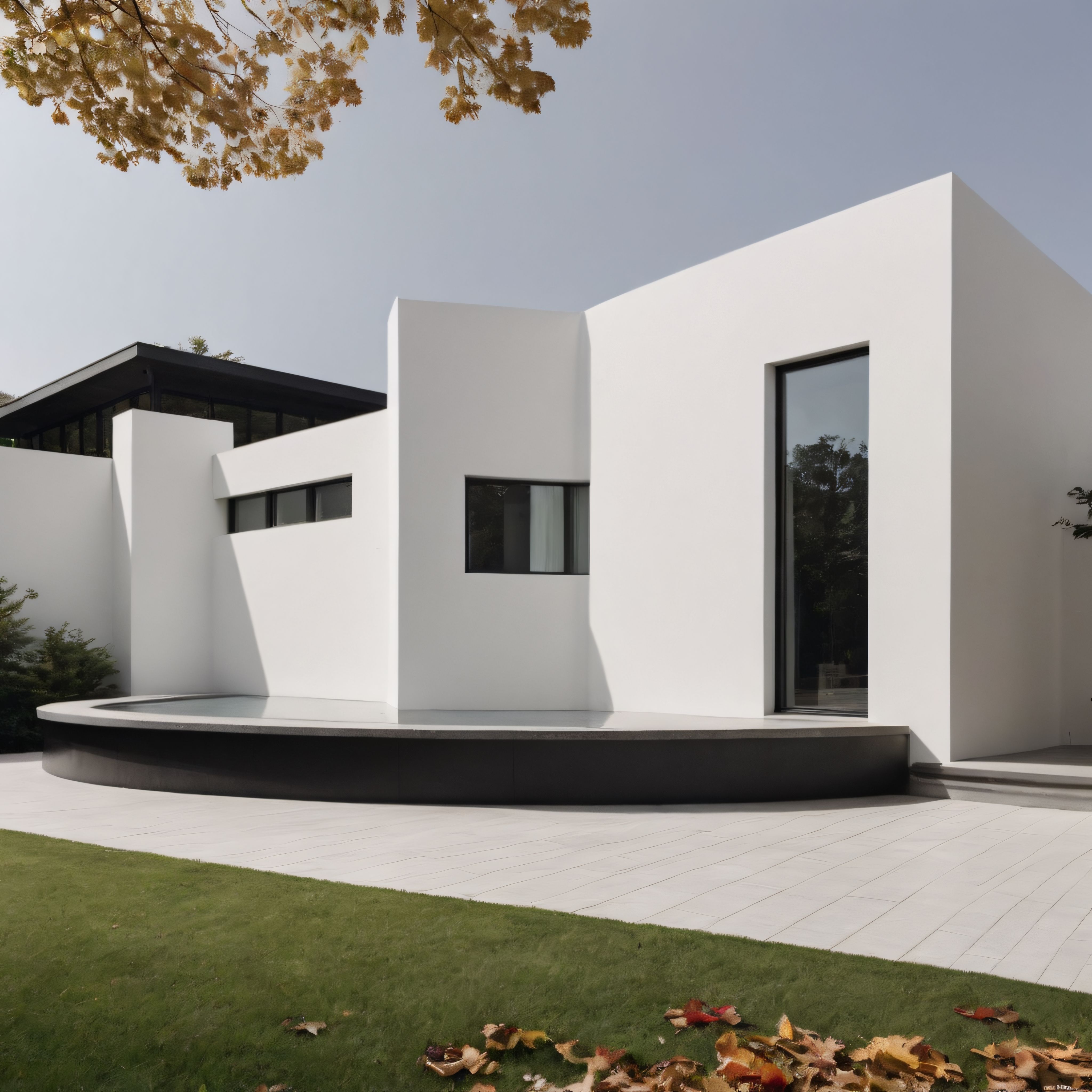 Sonbahar Yapraklarıyla Çevrili Minimalist Beyaz Villa ve Modern Mimari Detaylar