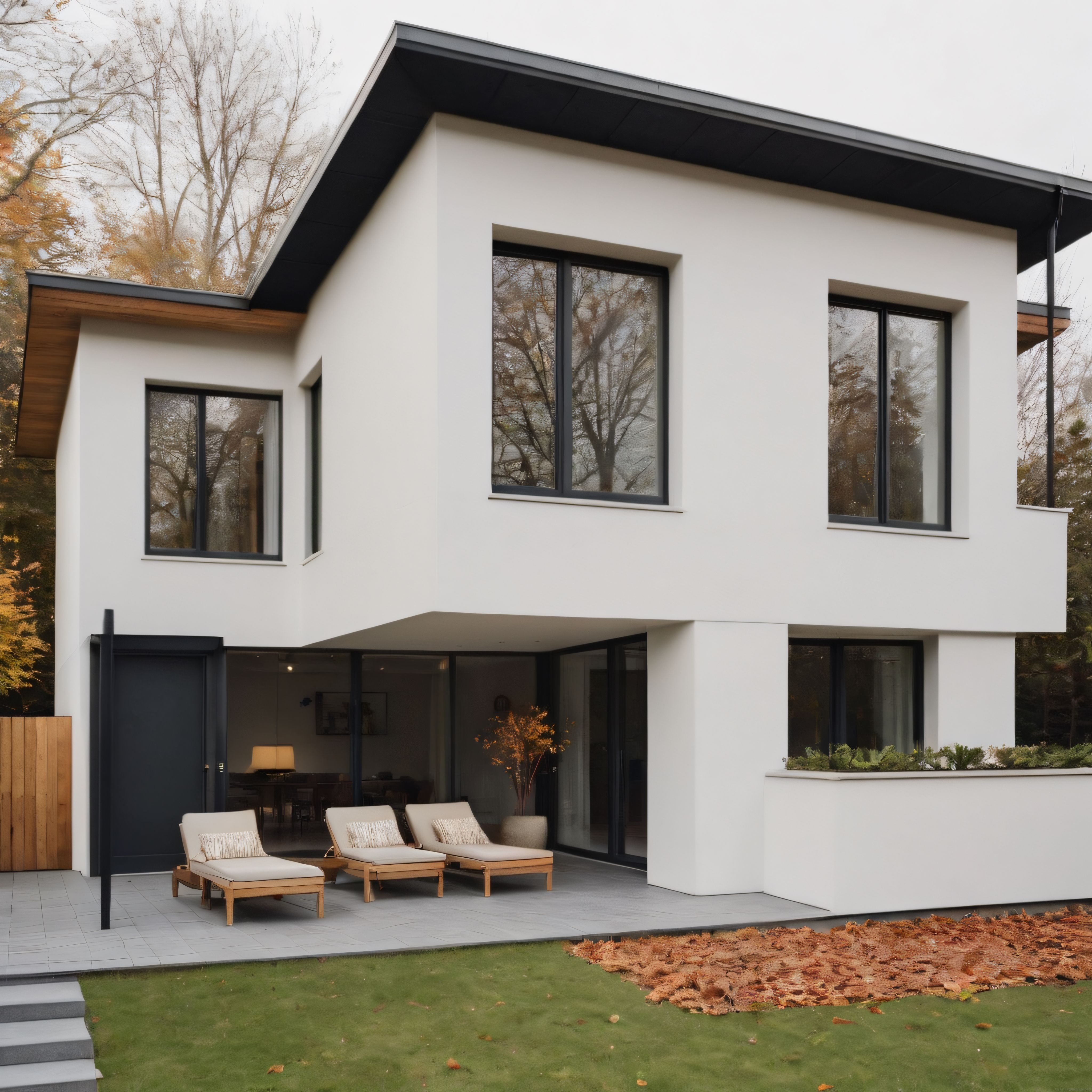 Sonbahar yapraklarıyla süslü huzurlu modern ev dış cephesi ve peyzaj detayları