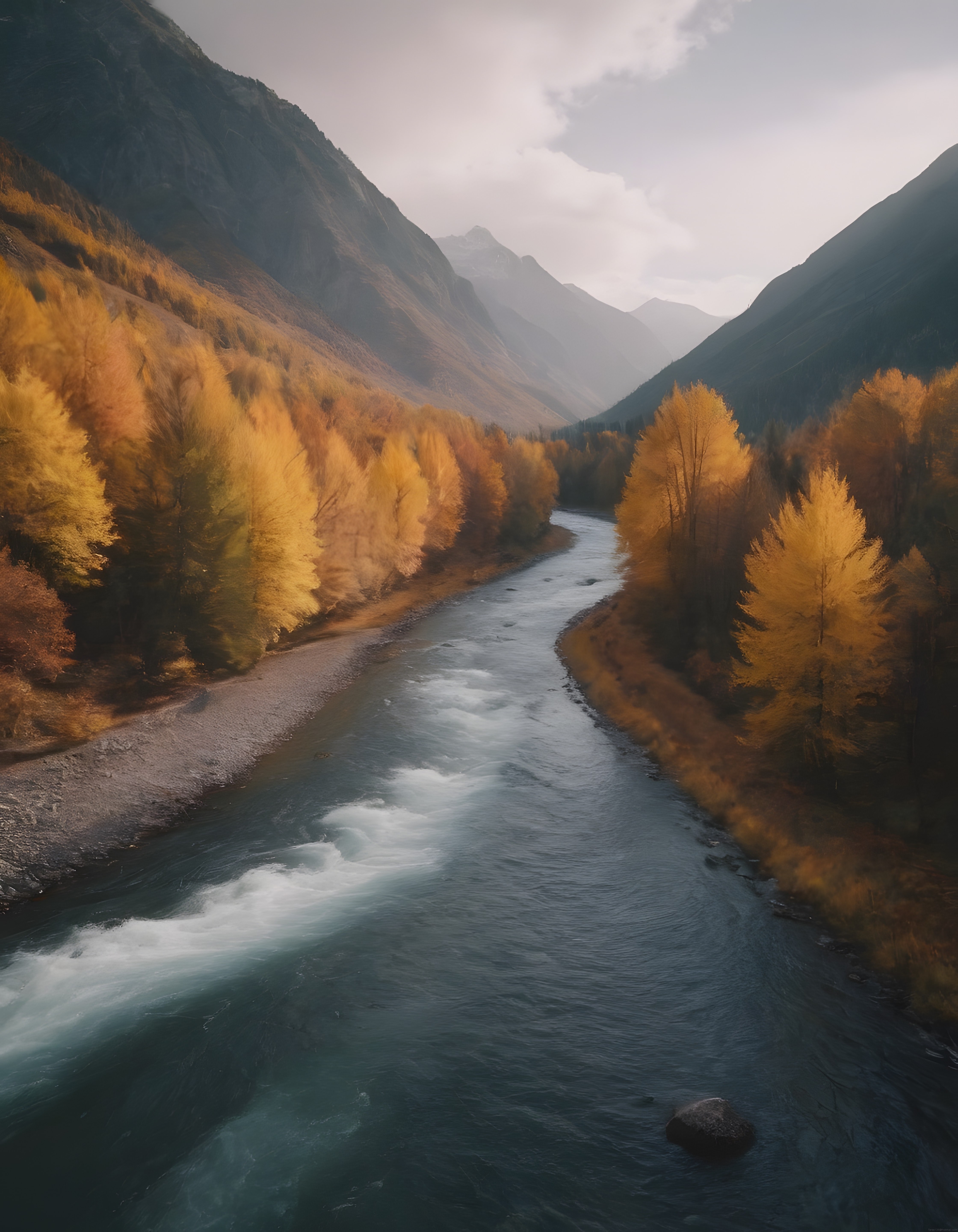Sonbaharda Altın Sarısı Ağaçlarla Çevrili Sisli Vadi ve Berrak Nehir
