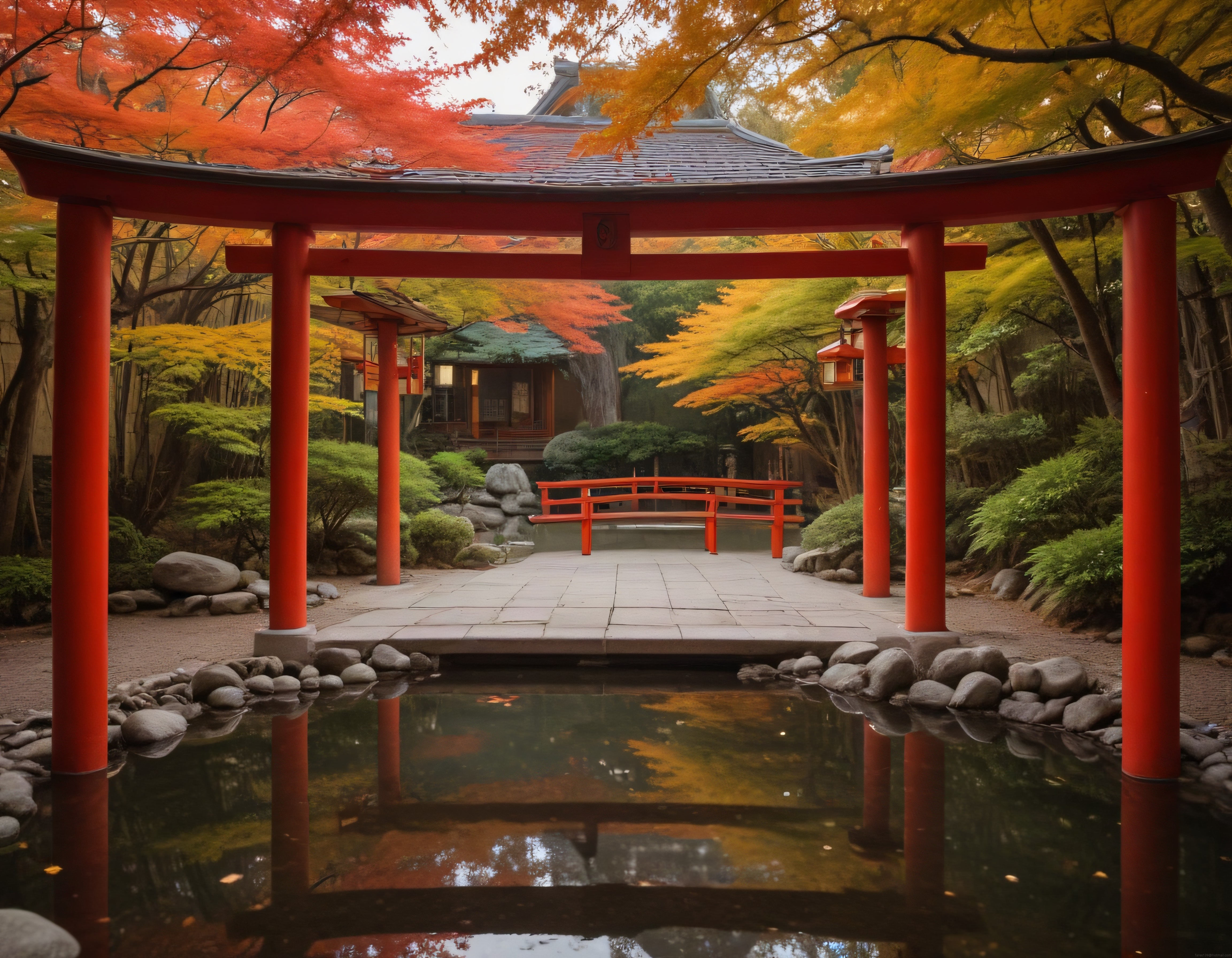 Sonbaharda Geleneksel Japon Bahçesi ve Kırmızı Torii Kapısı Manzarası