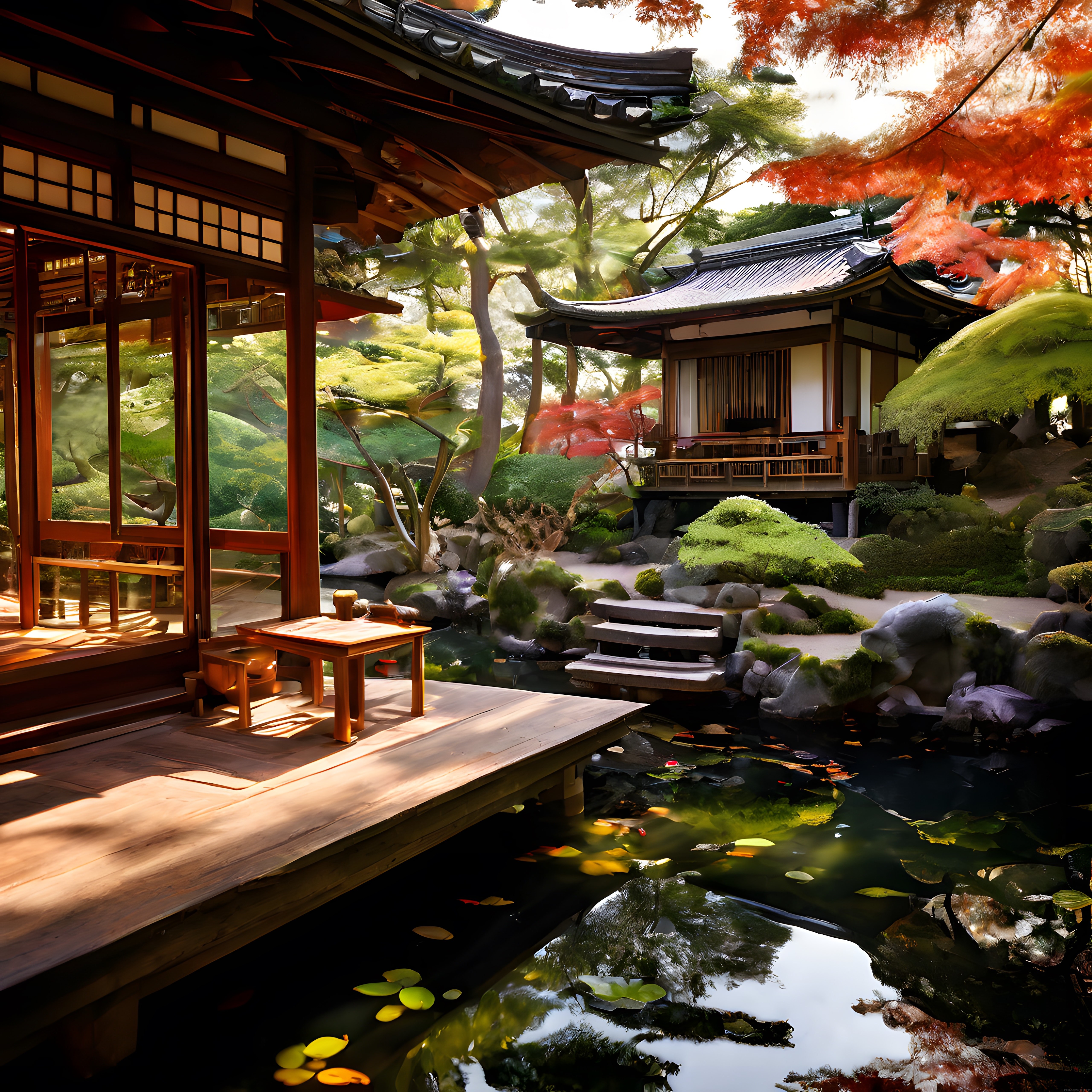 Sonbaharda Geleneksel Japon Bahçesinde Huzurlu Göl ve Ahşap Ev Manzarası