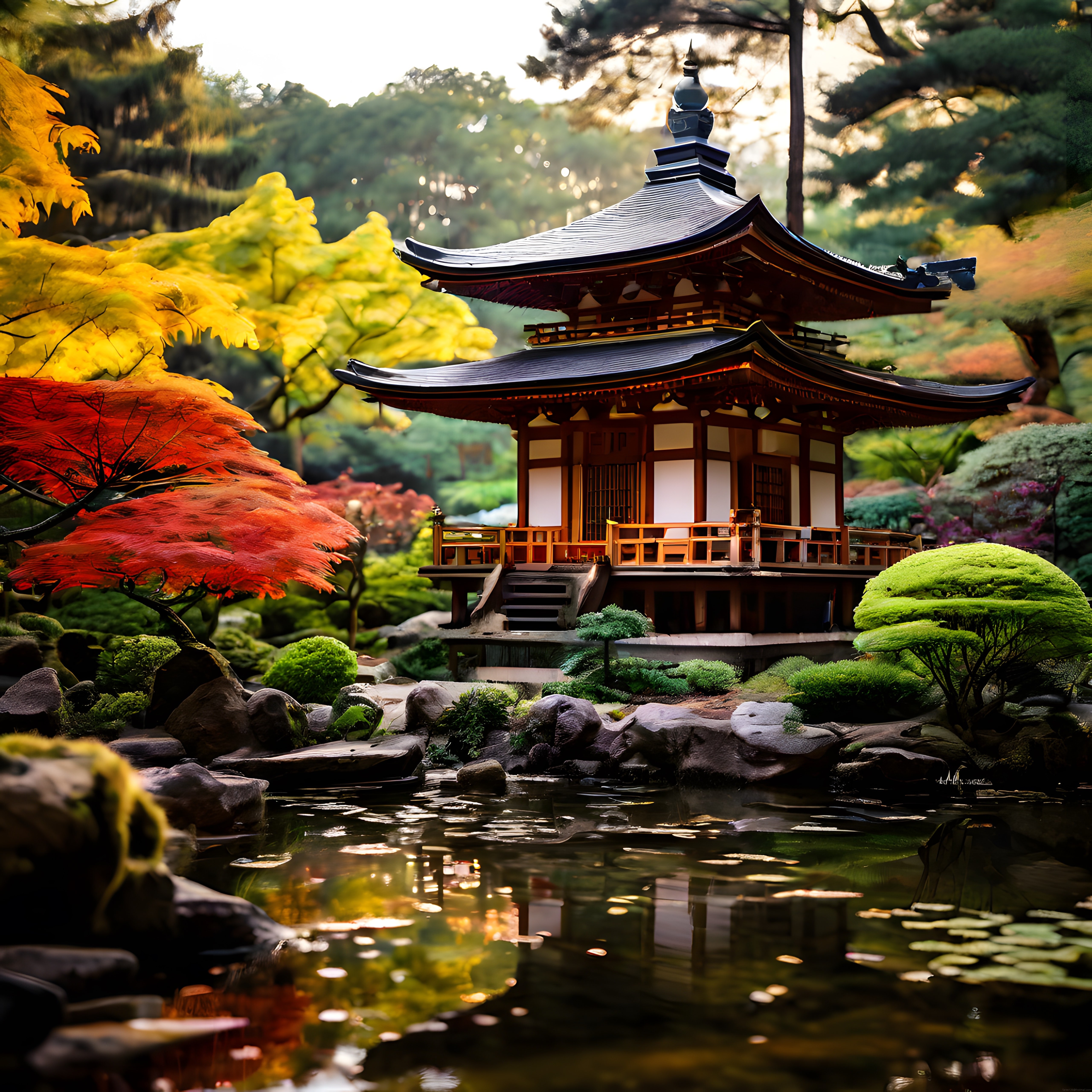 Sonbaharda Göl Kenarındaki Geleneksel Japon Tapınağı ve Bahçe Manzarası