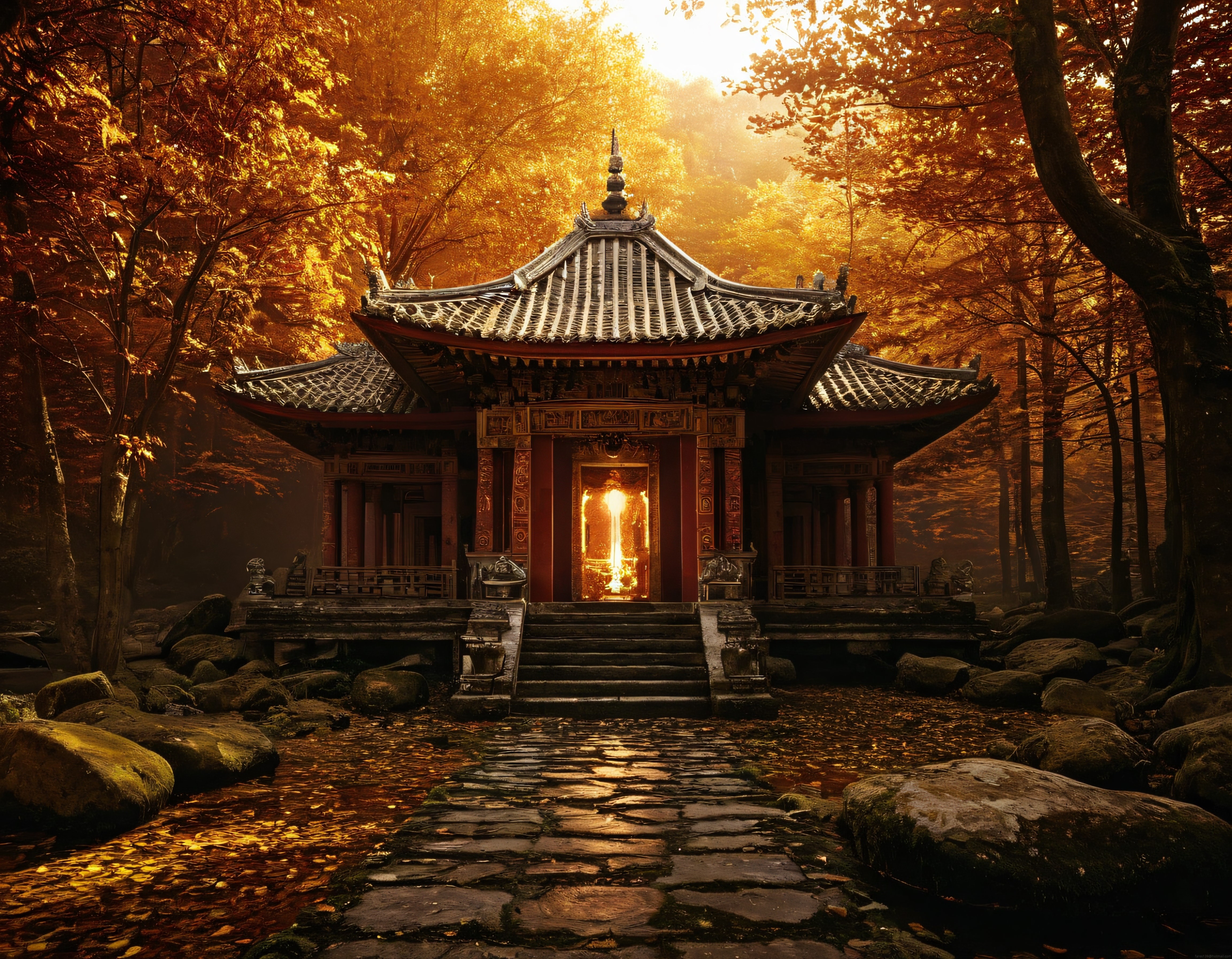 Sonbaharın Altın Işığında Doğu Asya Tapınağının Mistik Orman Manzarası