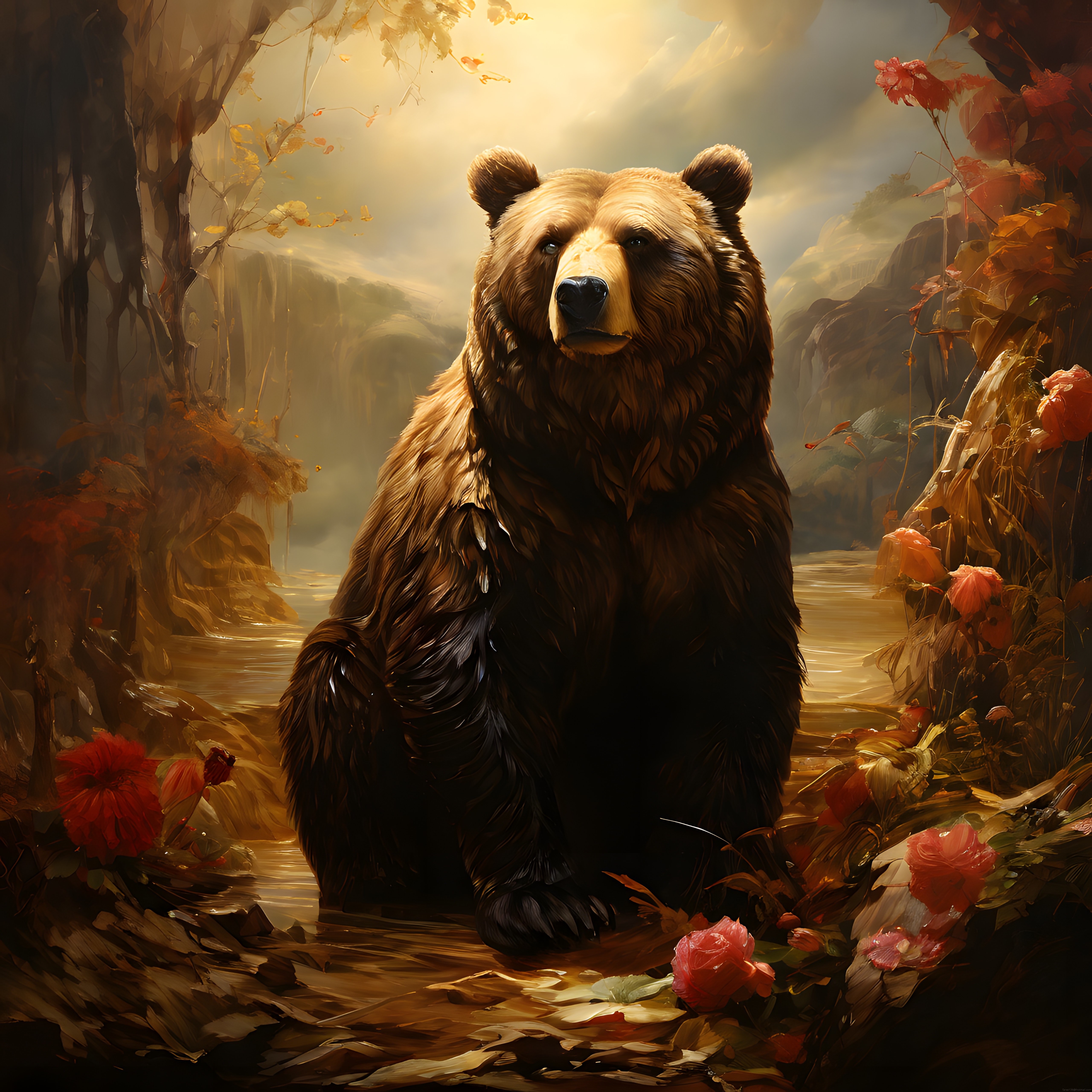 Sonbaharın Altın Işıklarında Nehirde Duran Yabani Grizzly Ayısı