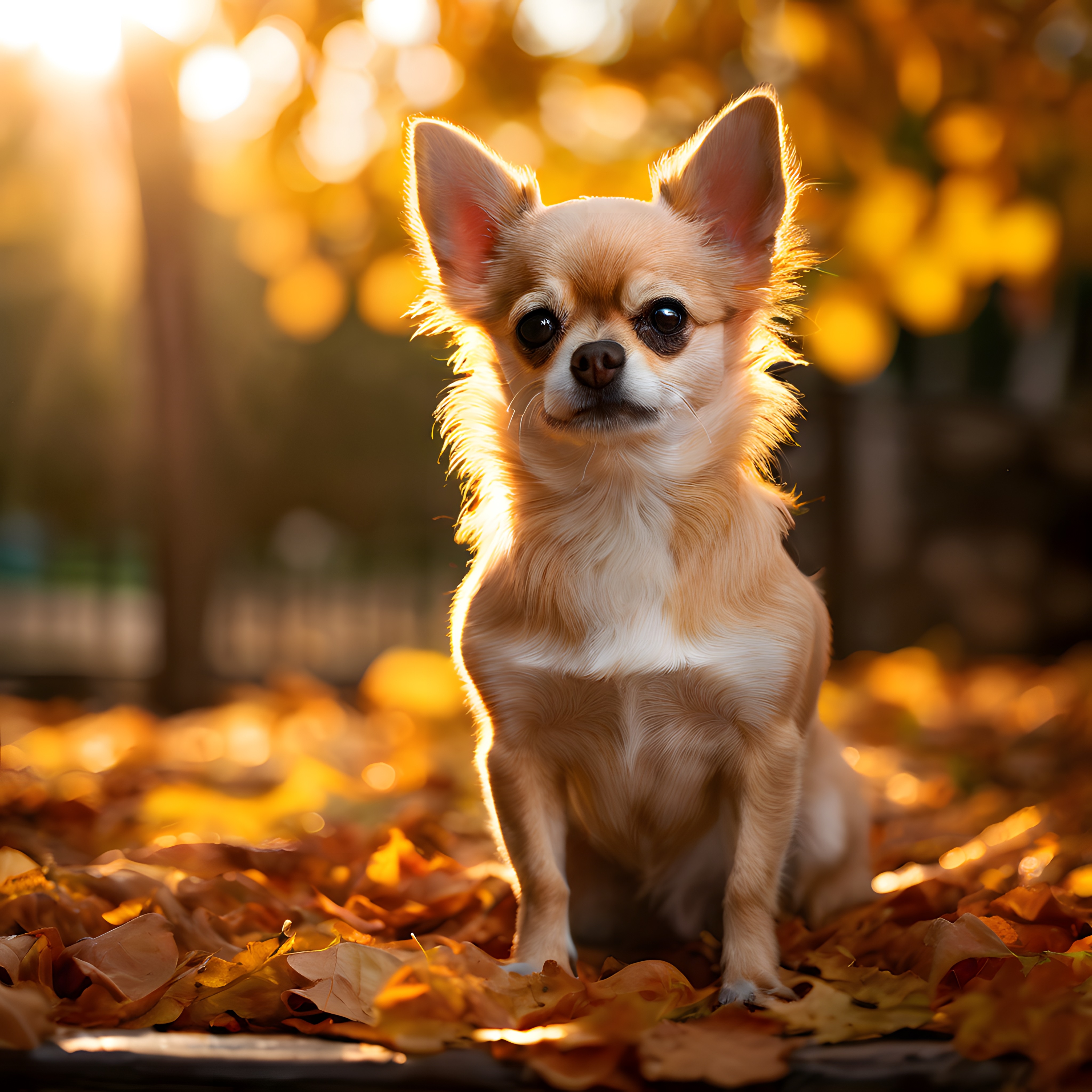 Sonbaharın Altın Işıklarında Oturan Sevimli Chihuahua Köpeği