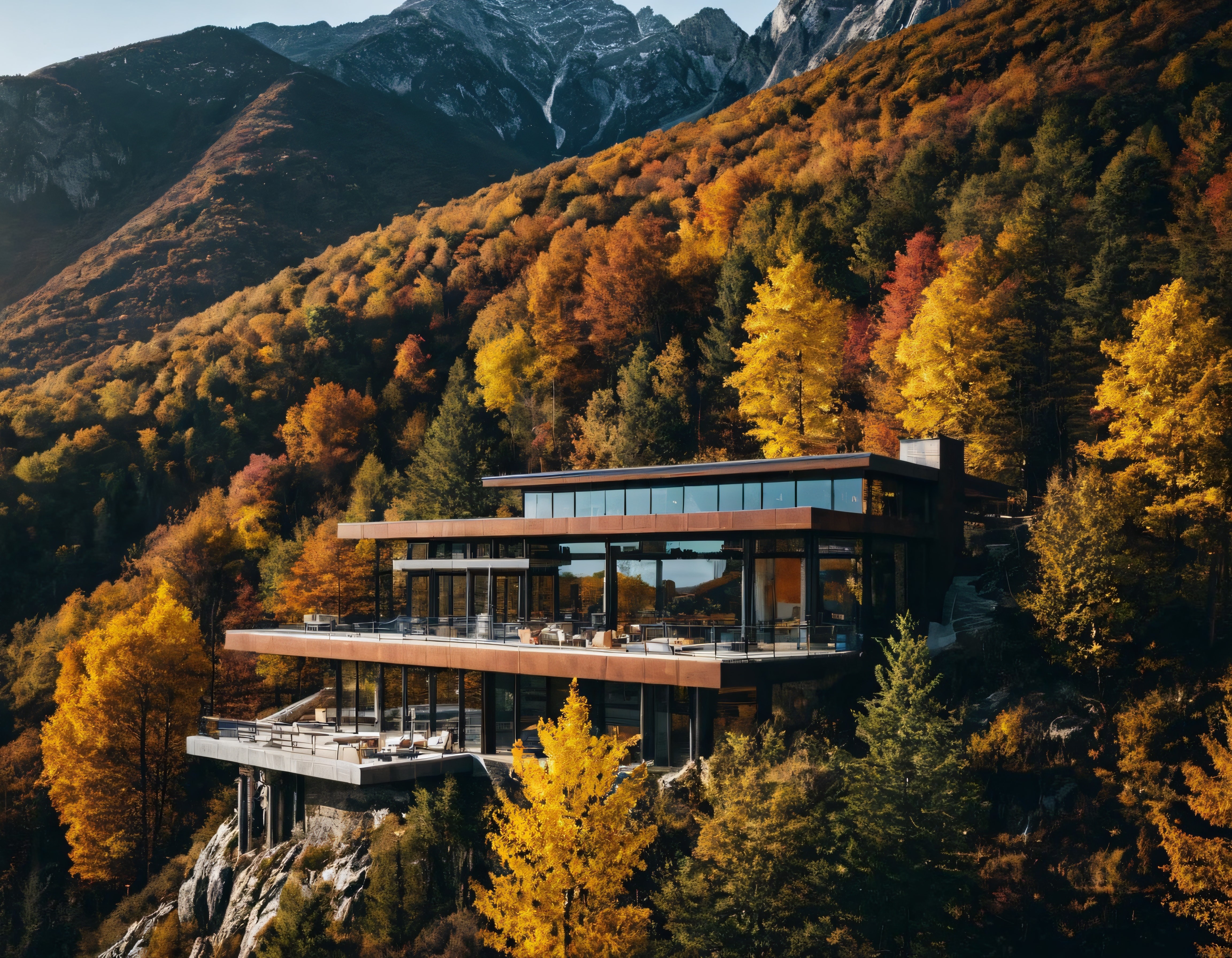 Sonbaharın Altın Renginde Dağ Eteğinde Modern Villa ve Muhteşem Manzara