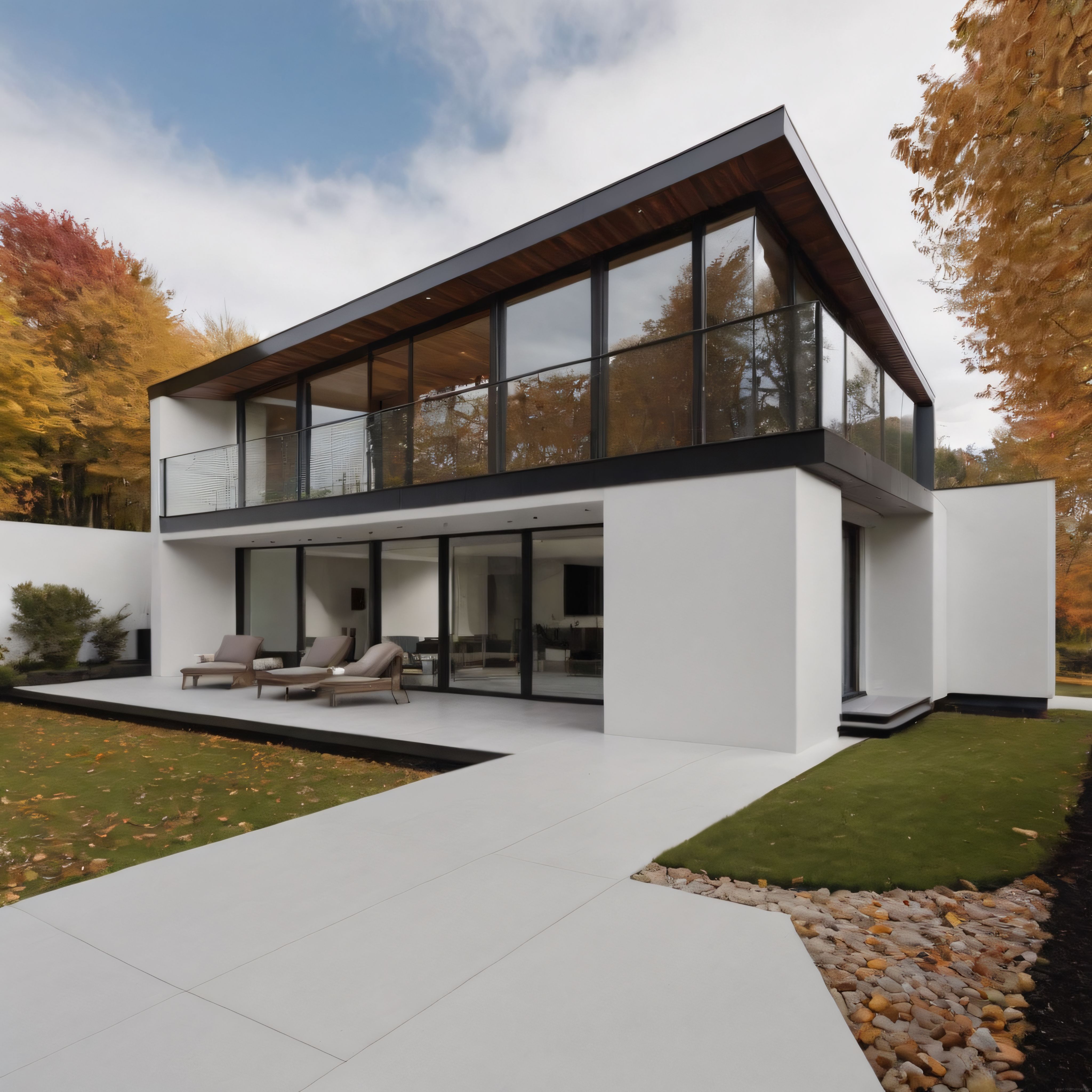 Sonbaharın altın renkleri arasında yükselen modern ve şık bir villa tasarımı