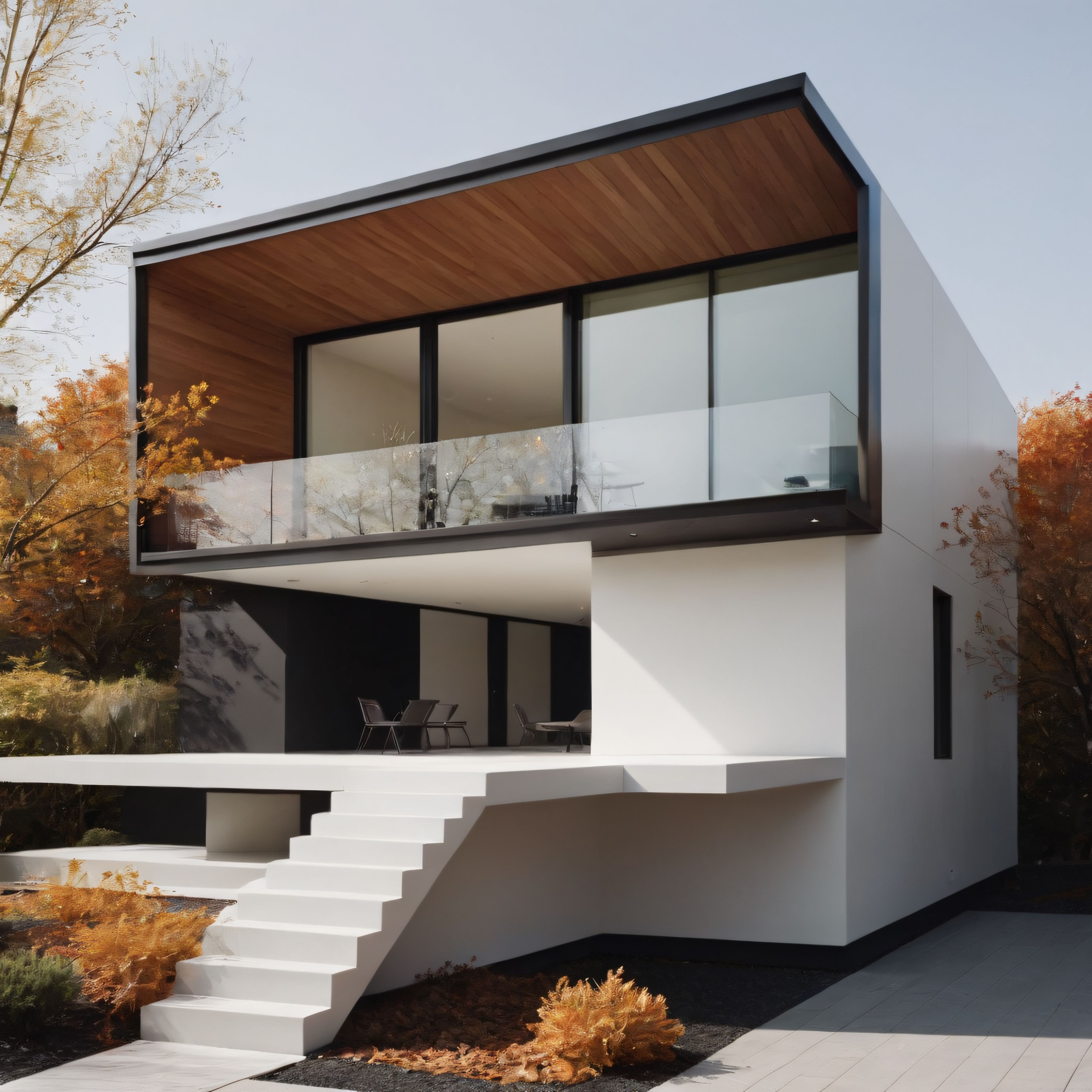 Sonbaharın Altın Renkleriyle Uyumlu Cam ve Ahşap Detaylı Modern Villa