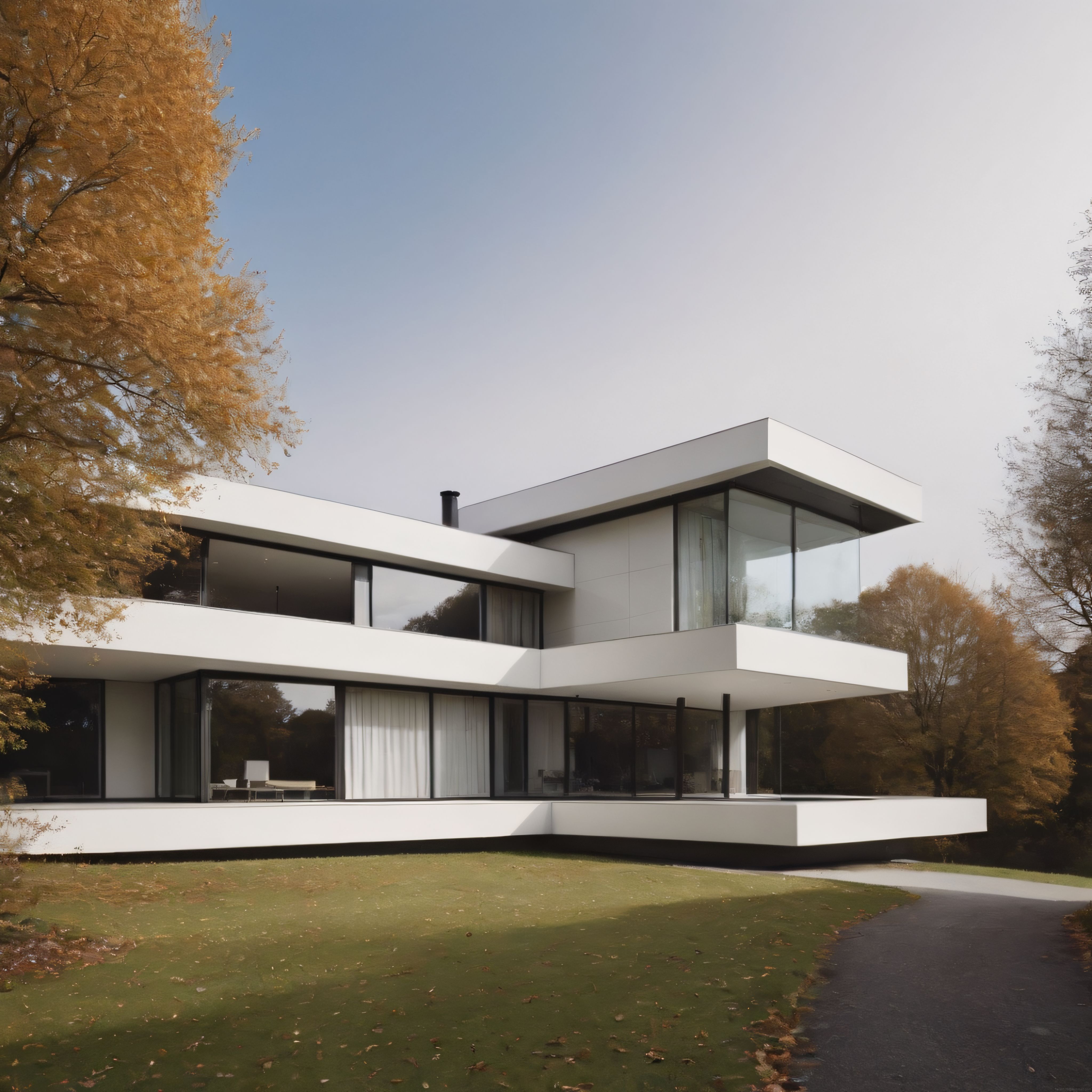 Sonbaharın altın tonlarına bürünmüş ormanda saklı modern minimalist villa
