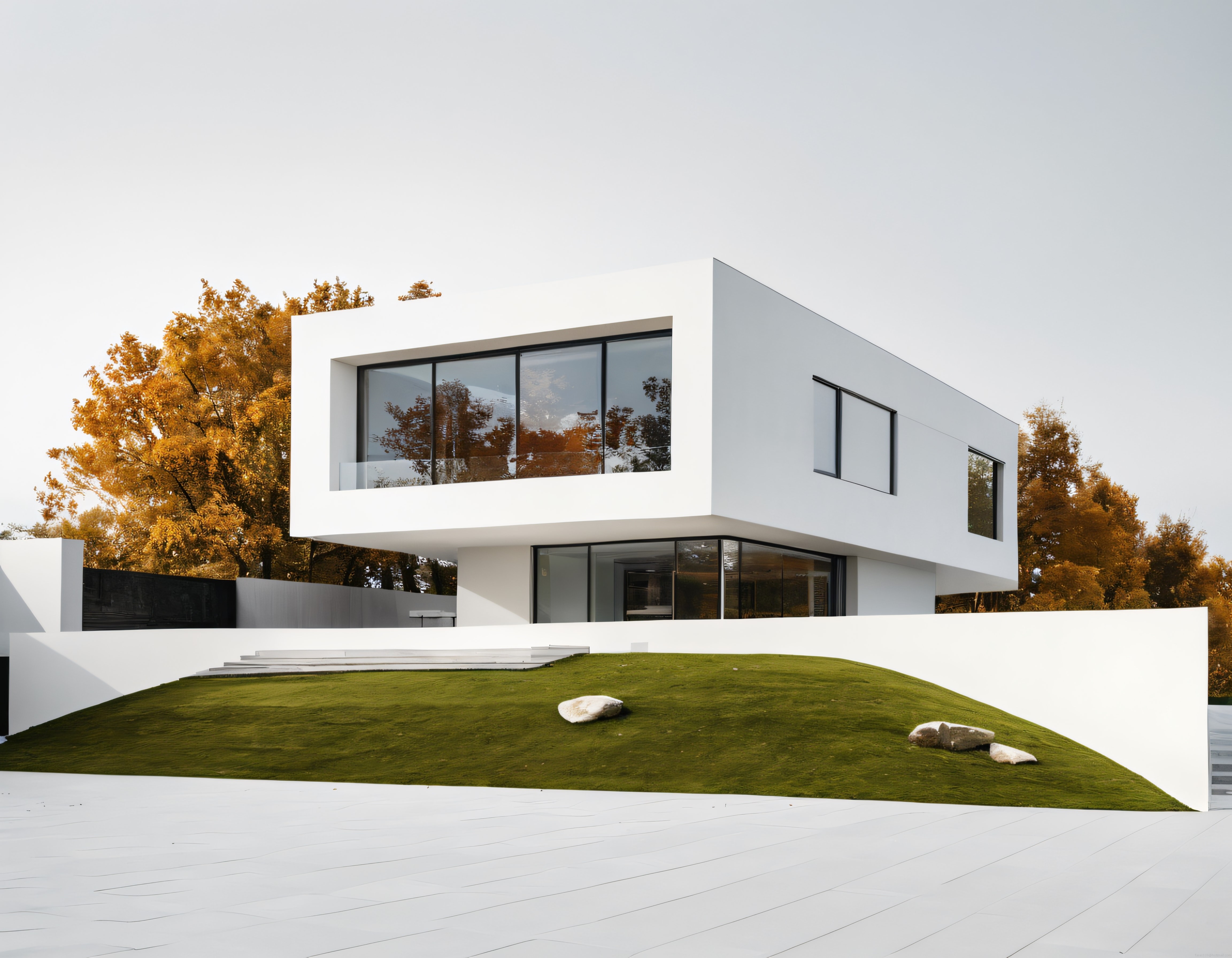 Sonbaharın Altın Tonlarında Beyaz Minimalist Villa ve Çağdaş Peyzaj Sonbaharın Altın Tonlarında Beyaz Minimalist Villa ve Çağdaş Peyzaj