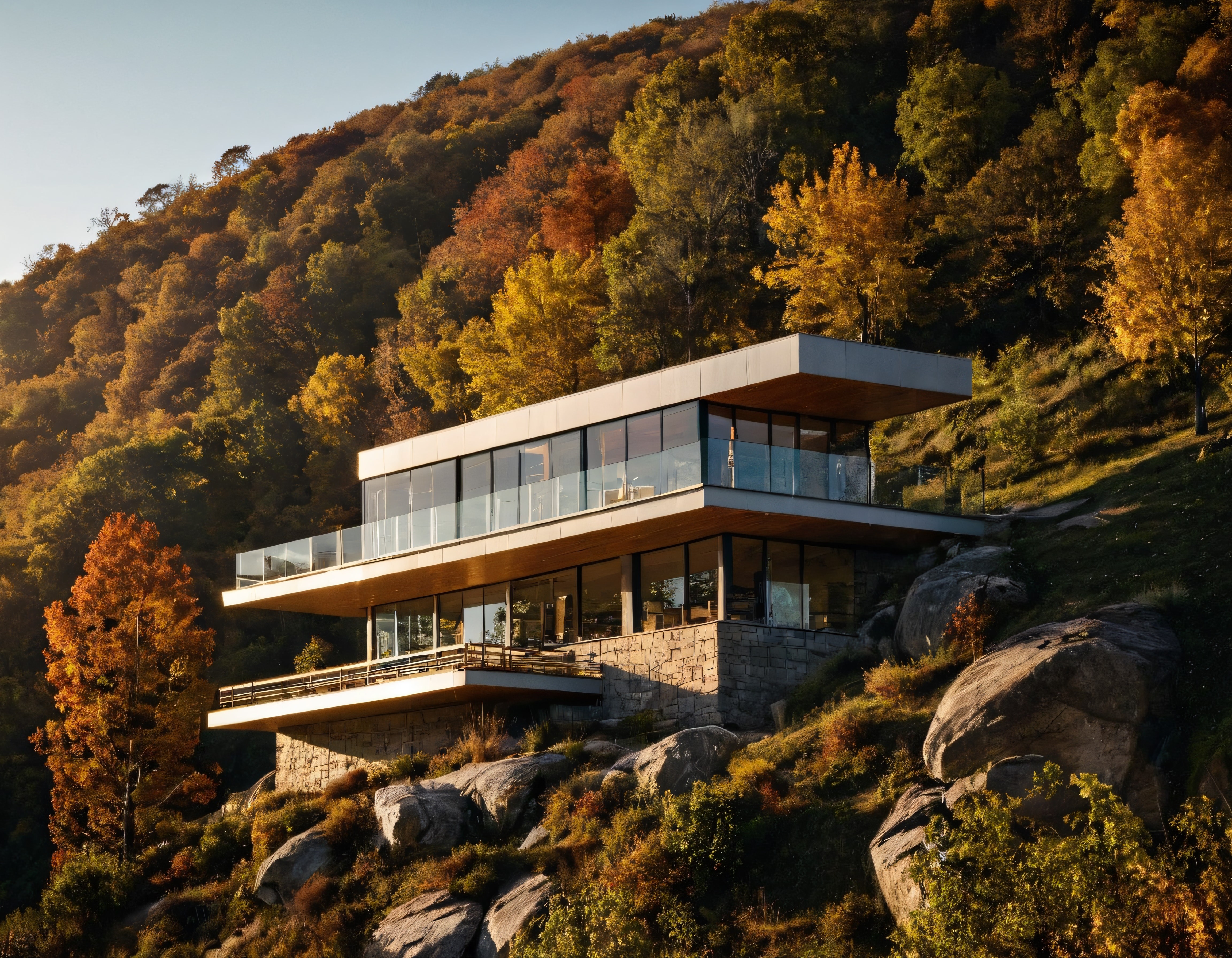 Sonbaharın Altın Tonlarında Bir Dağ Eteğinde Sıradışı Modern Cam Villa