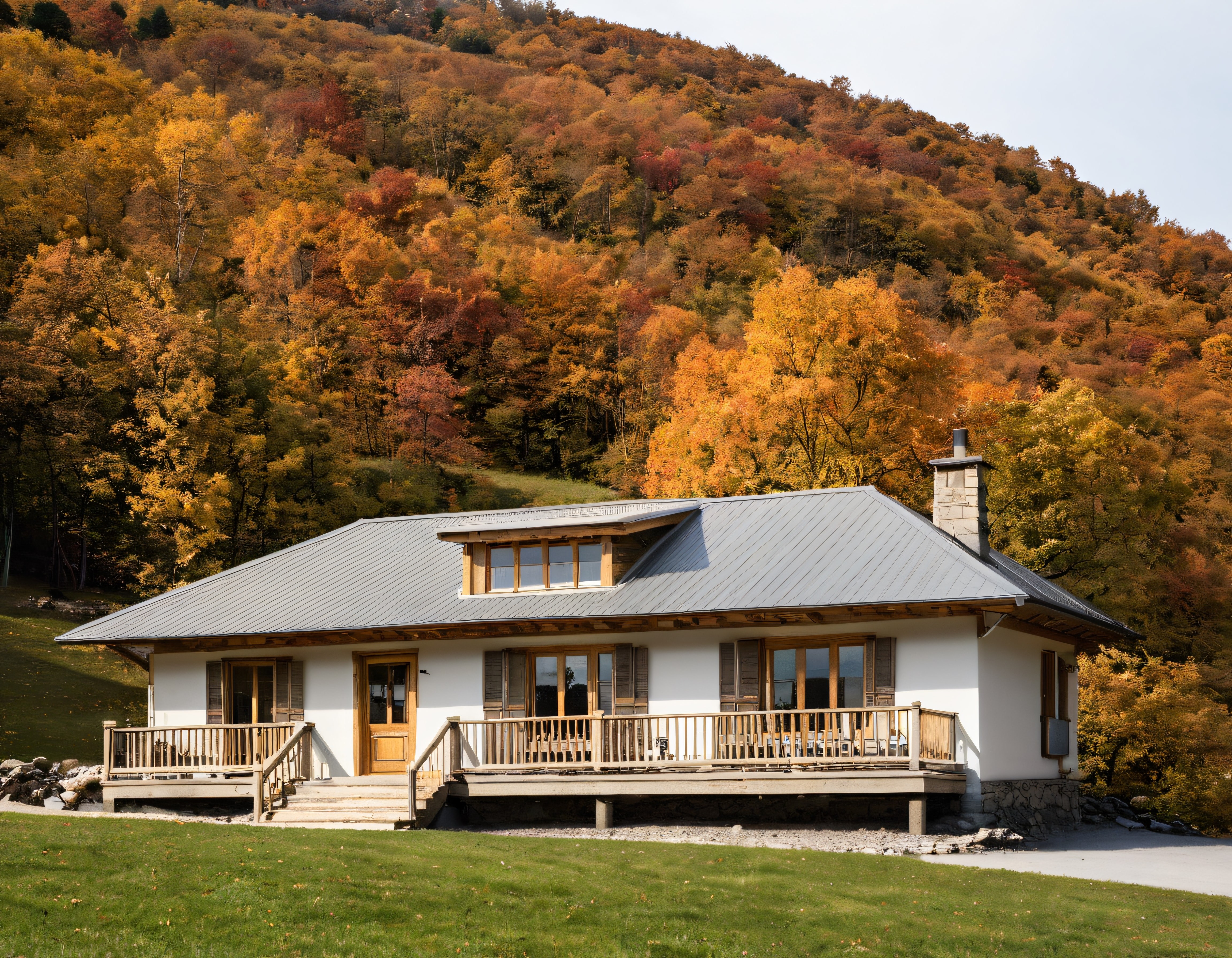 Sonbaharın Altın Tonlarında Dağ Eteğinde Huzur Veren Taş ve Ahşap Chalet