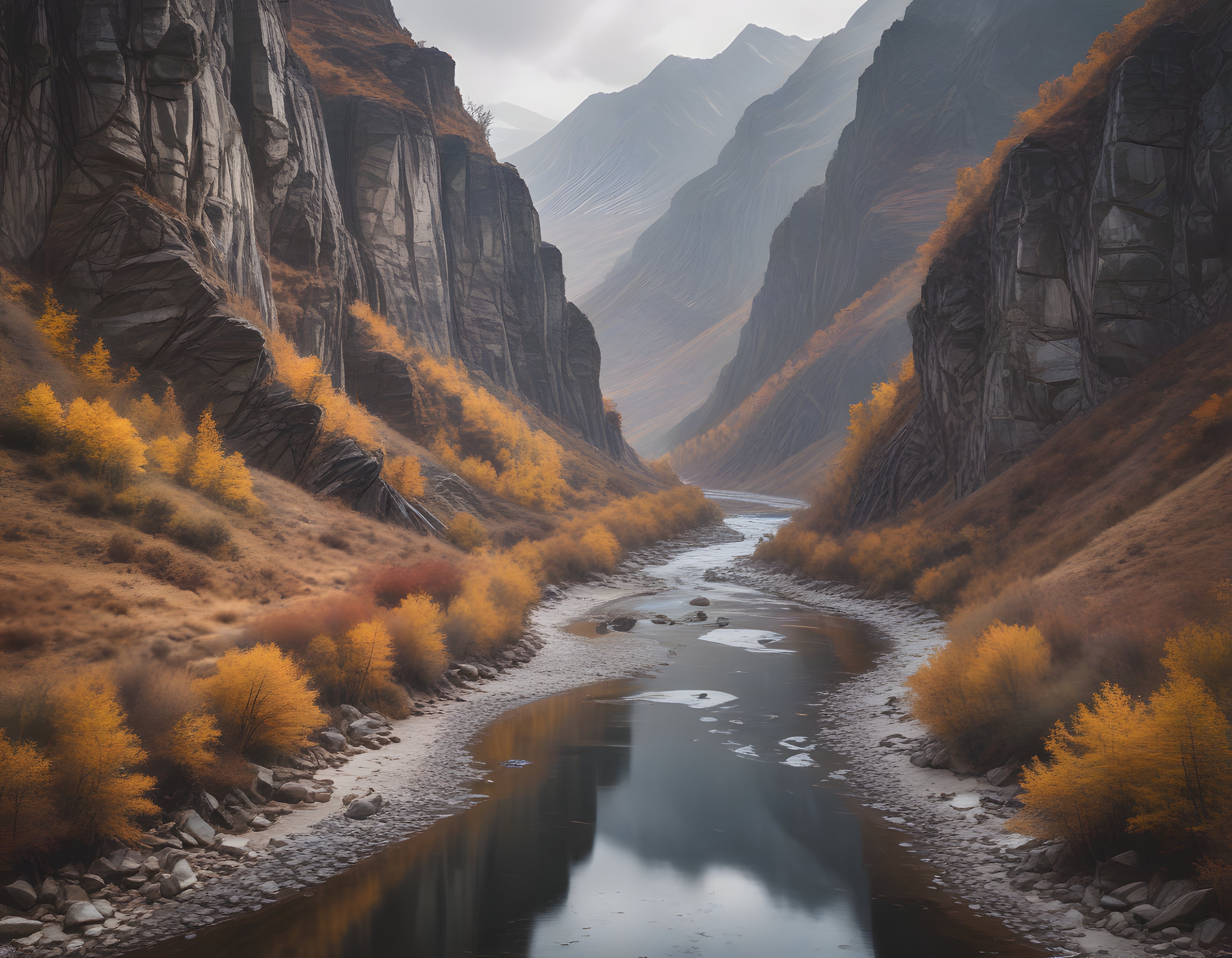 Sonbaharın Altın Tonlarında Derin Bir Kanyon ve Durgun Nehrin Mistik Manzarası