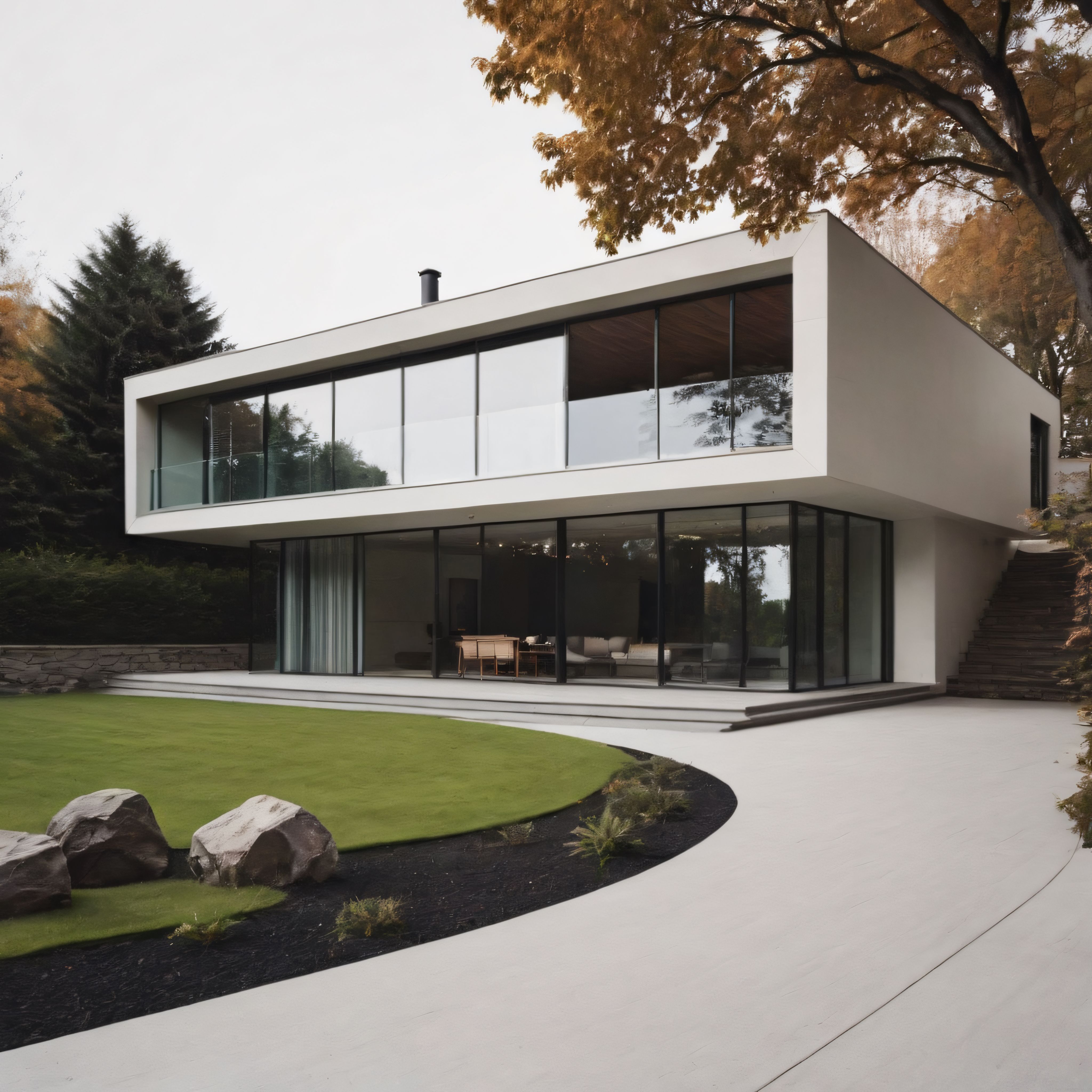 Sonbaharın Altın Tonlarında Doğayla İç İçe Geçmiş Modern Mimari Villa