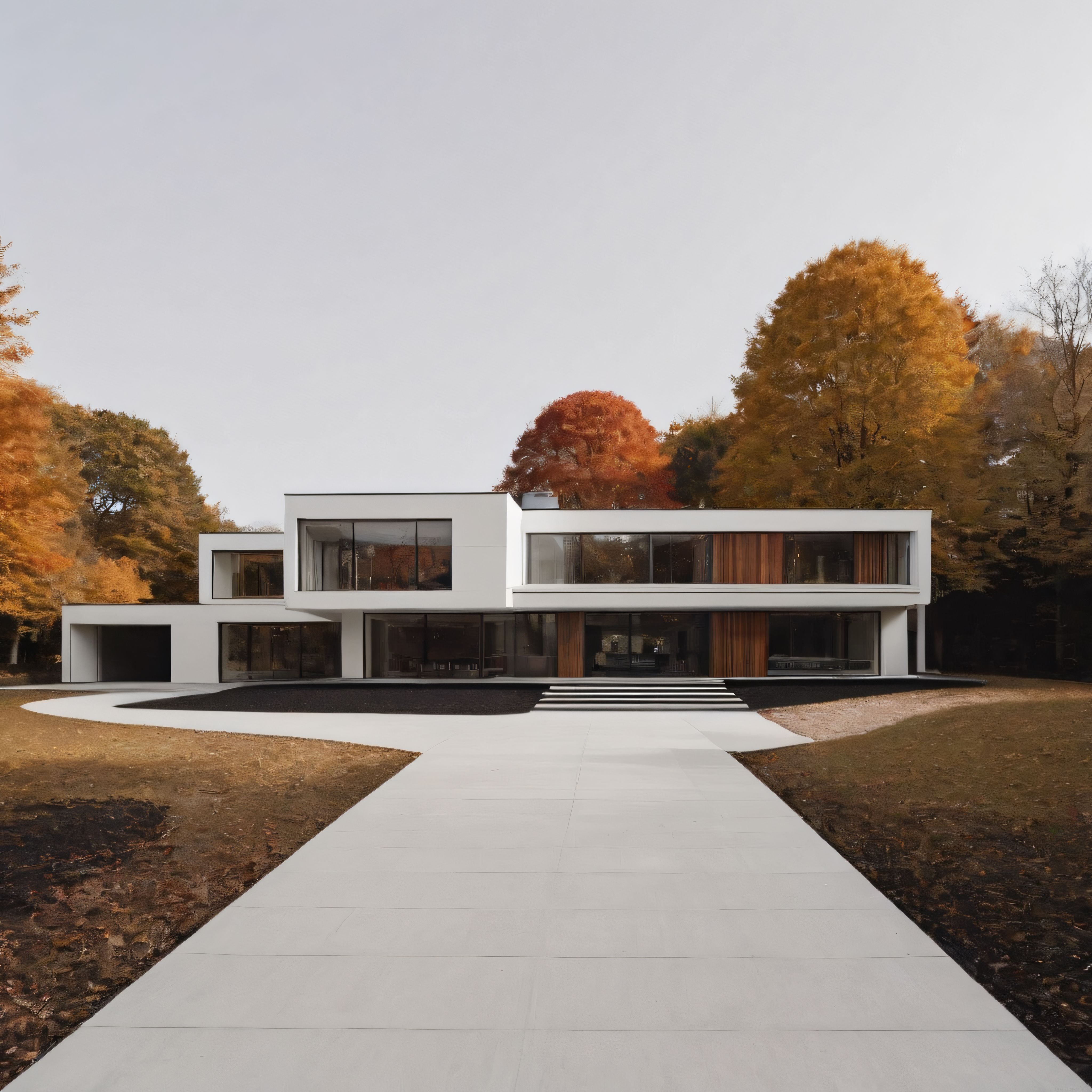 Sonbaharın Altın Tonlarında Modern Minimalist Villa ve Doğal Peyzaj Uyumu