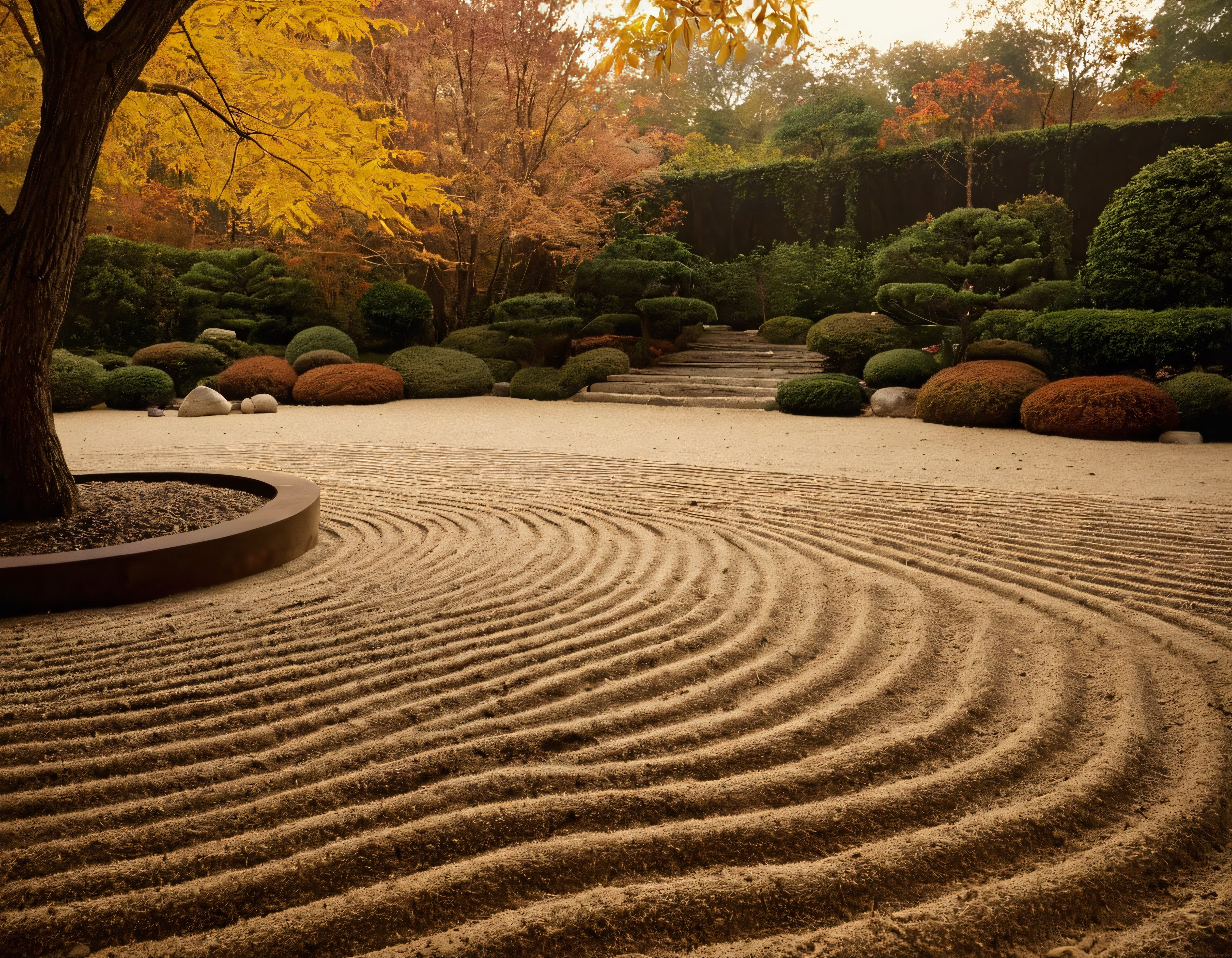 Sonbaharın Altın Tonlarında Sakin Bir Japon Zen Bahçesi ve Kum Desenleri