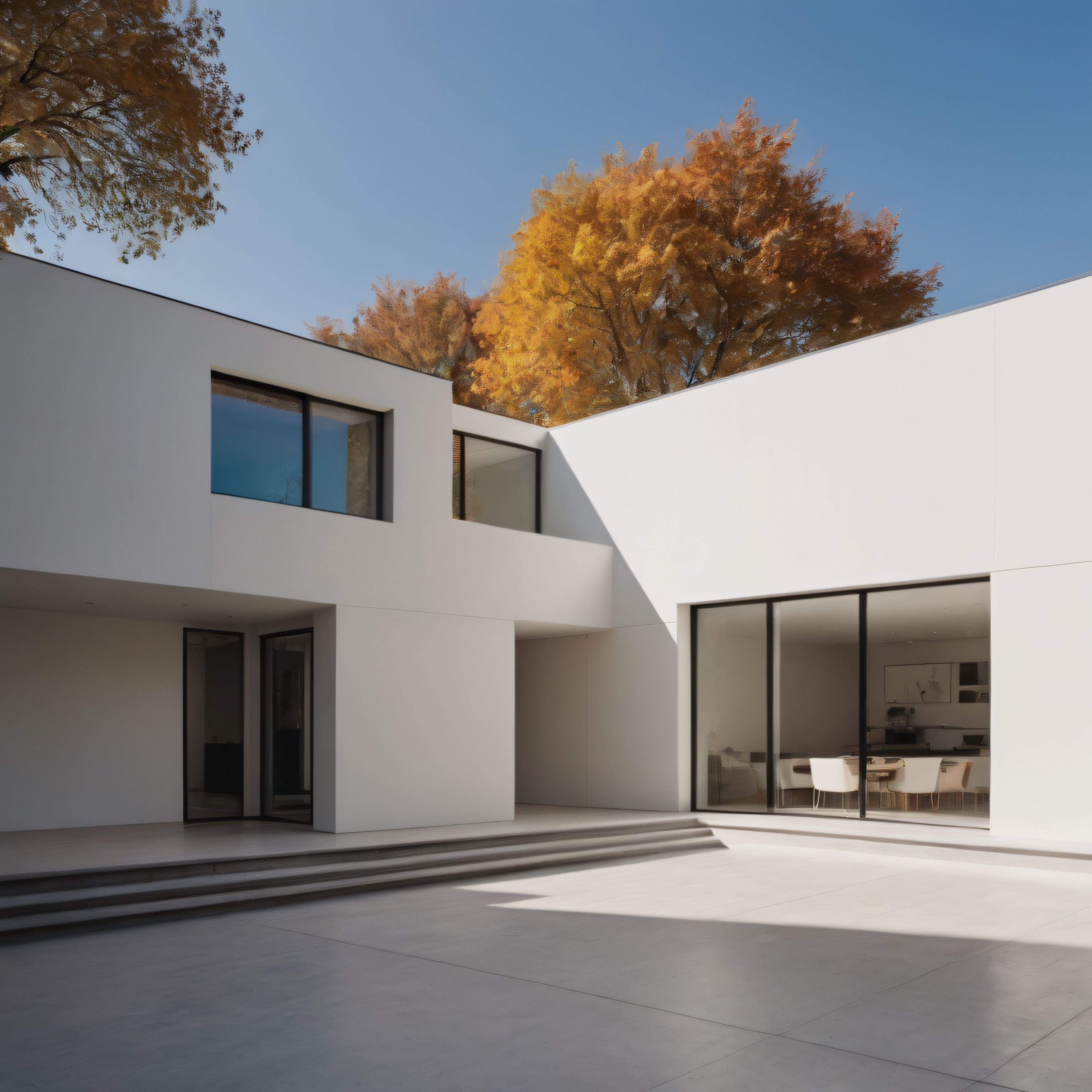 Sonbaharın Altın Tonlarıyla Uyumlu Minimalist Beyaz Villa ve İç Avlu Tasarımı
