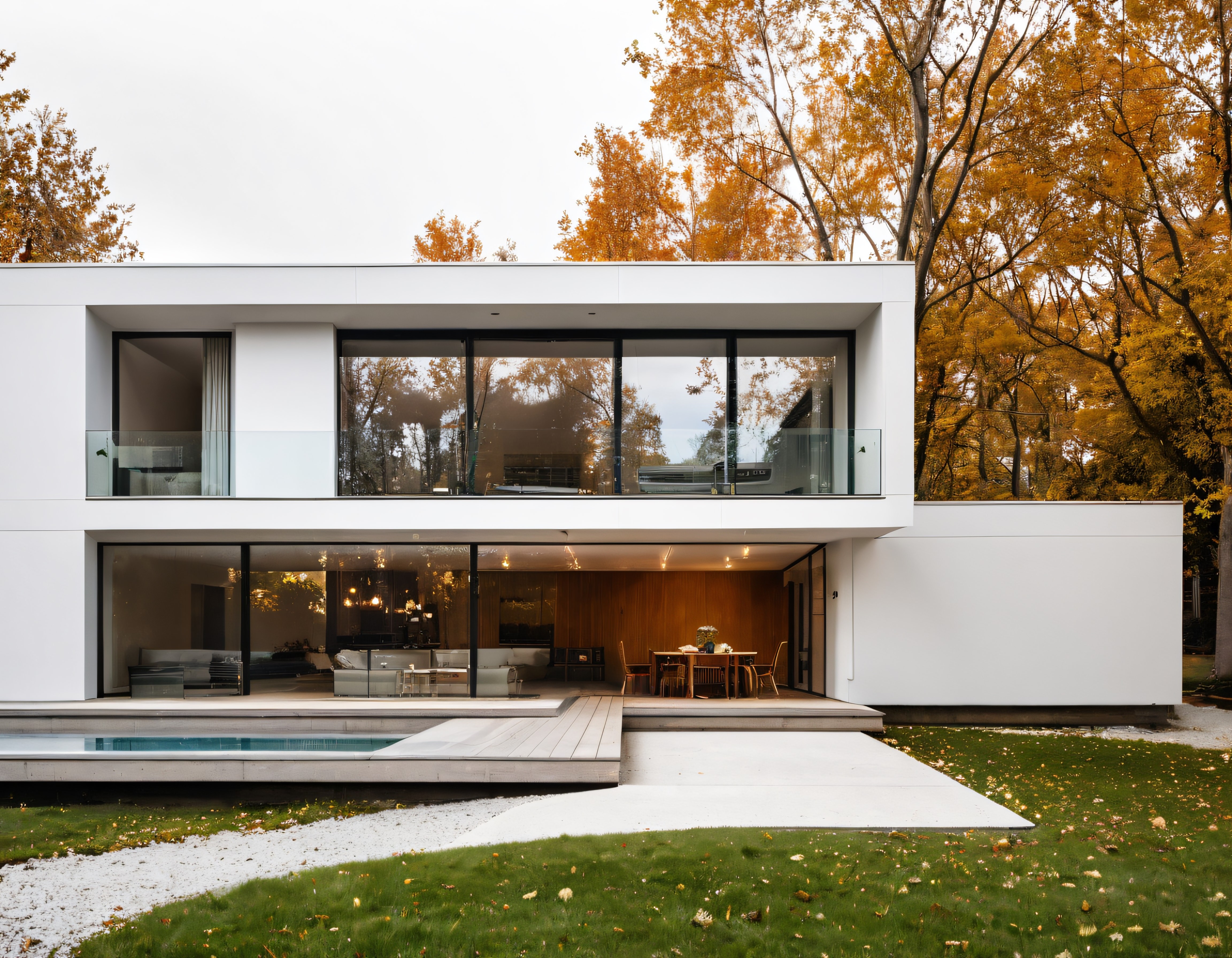 Sonbaharın Altın Yaprakları Arasında Modern Cam Cepheli Minimalist Villa