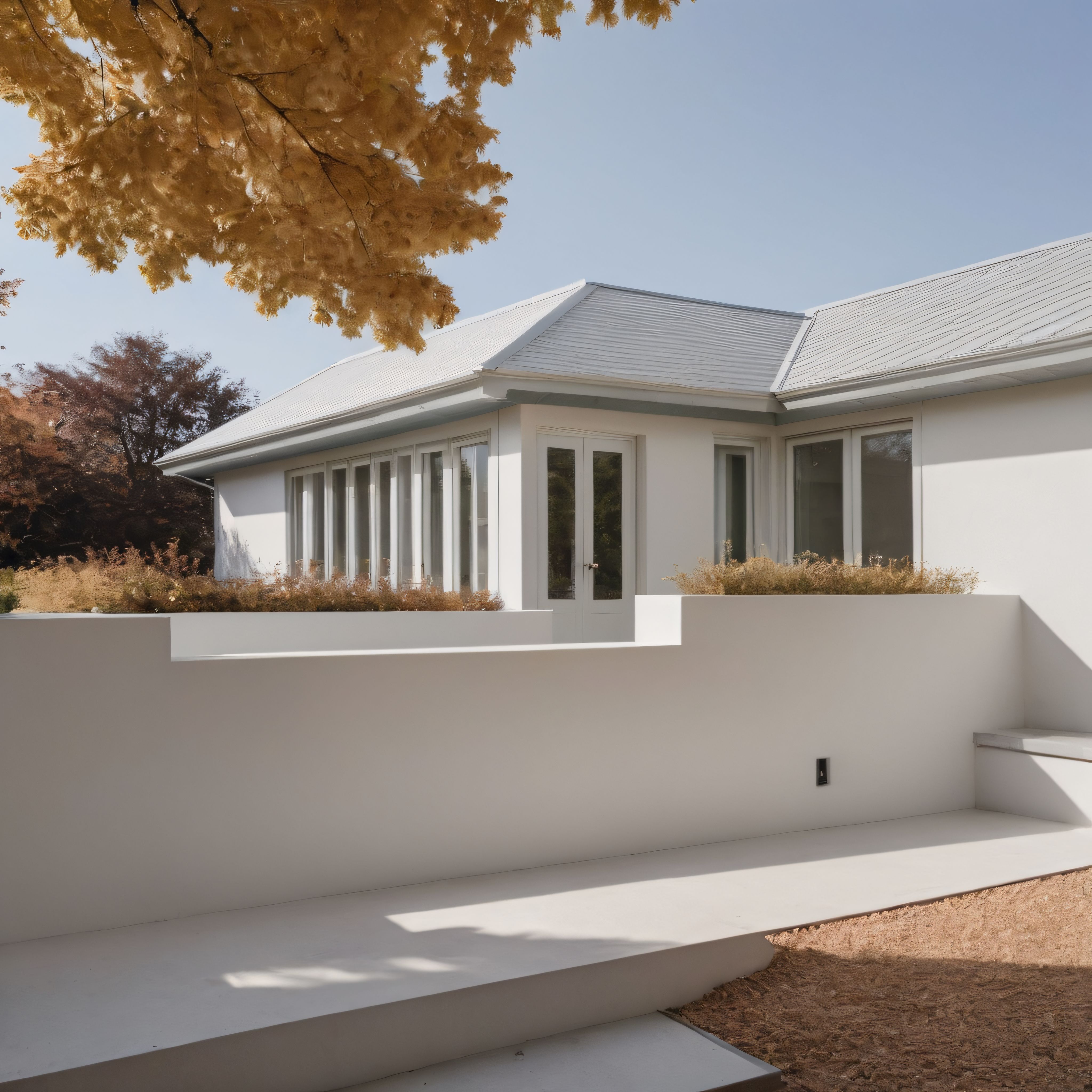 Sonbaharın Altın Yapraklarıyla Süslenmiş Modern Beyaz Ev ve Minimalist Bahçe