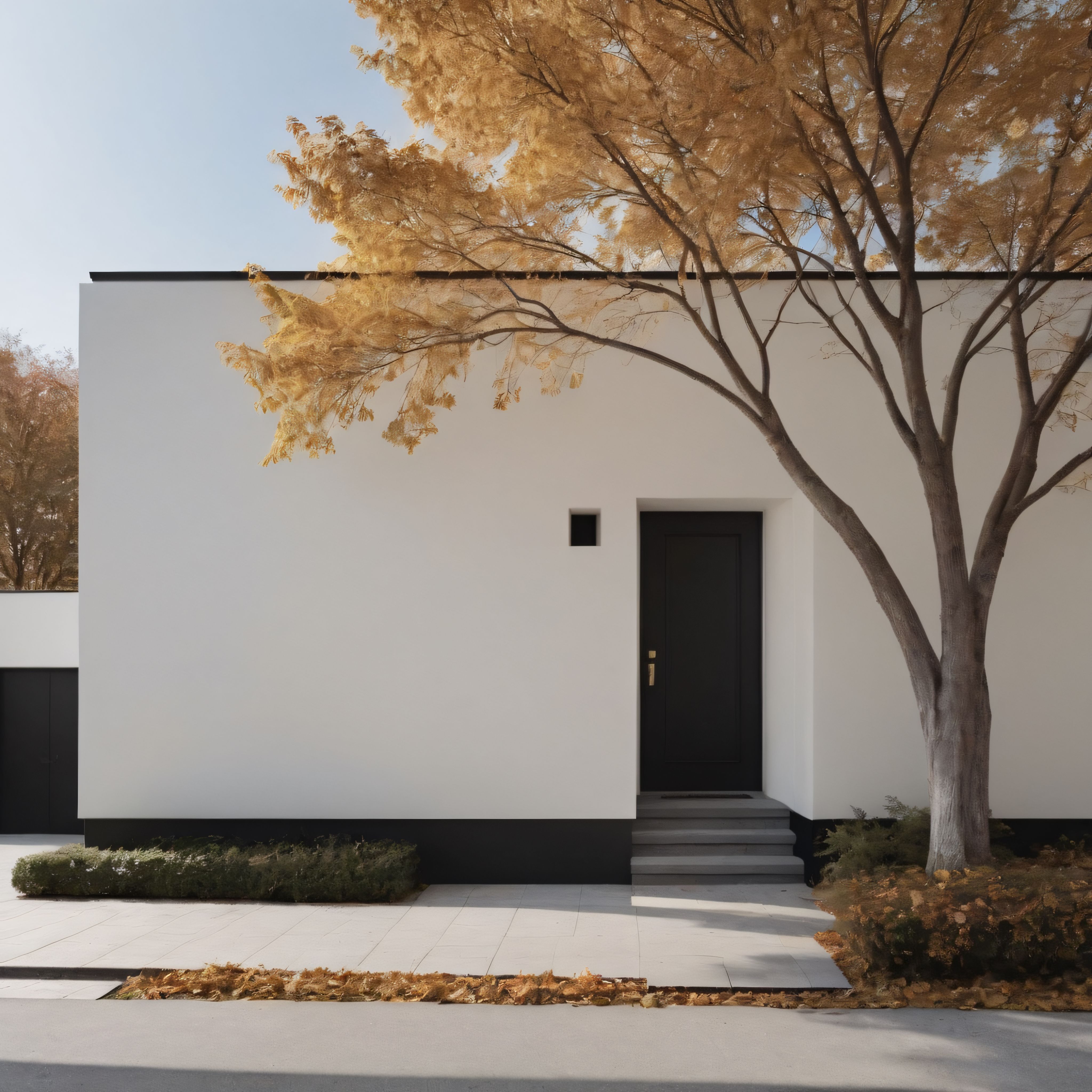 Sonbaharın Altın Yapraklarıyla Süslenmiş Modern Minimalist Ev Cephesi