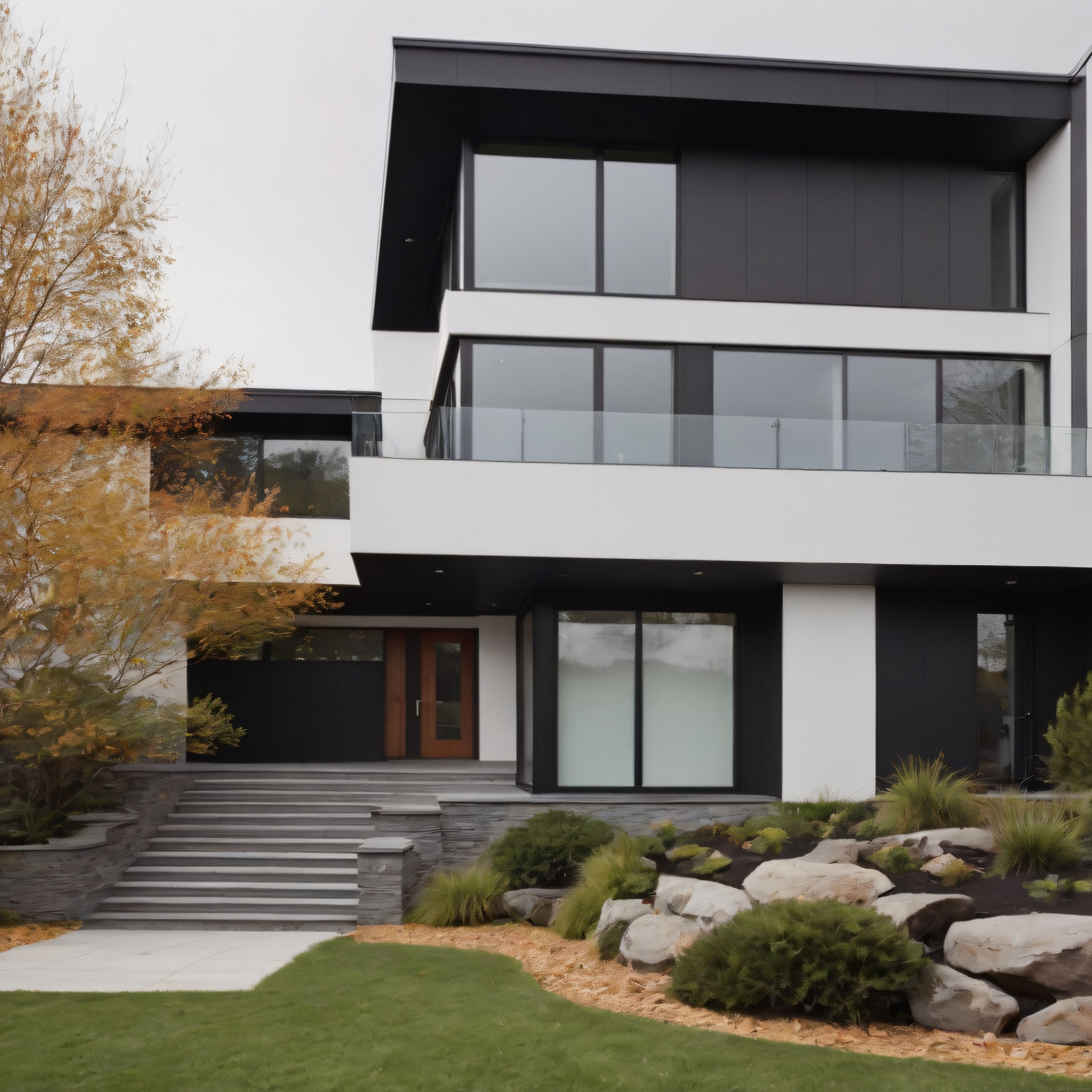 Sonbaharın doğal tonlarıyla modern minimalist villa cephesinin estetik uyumu