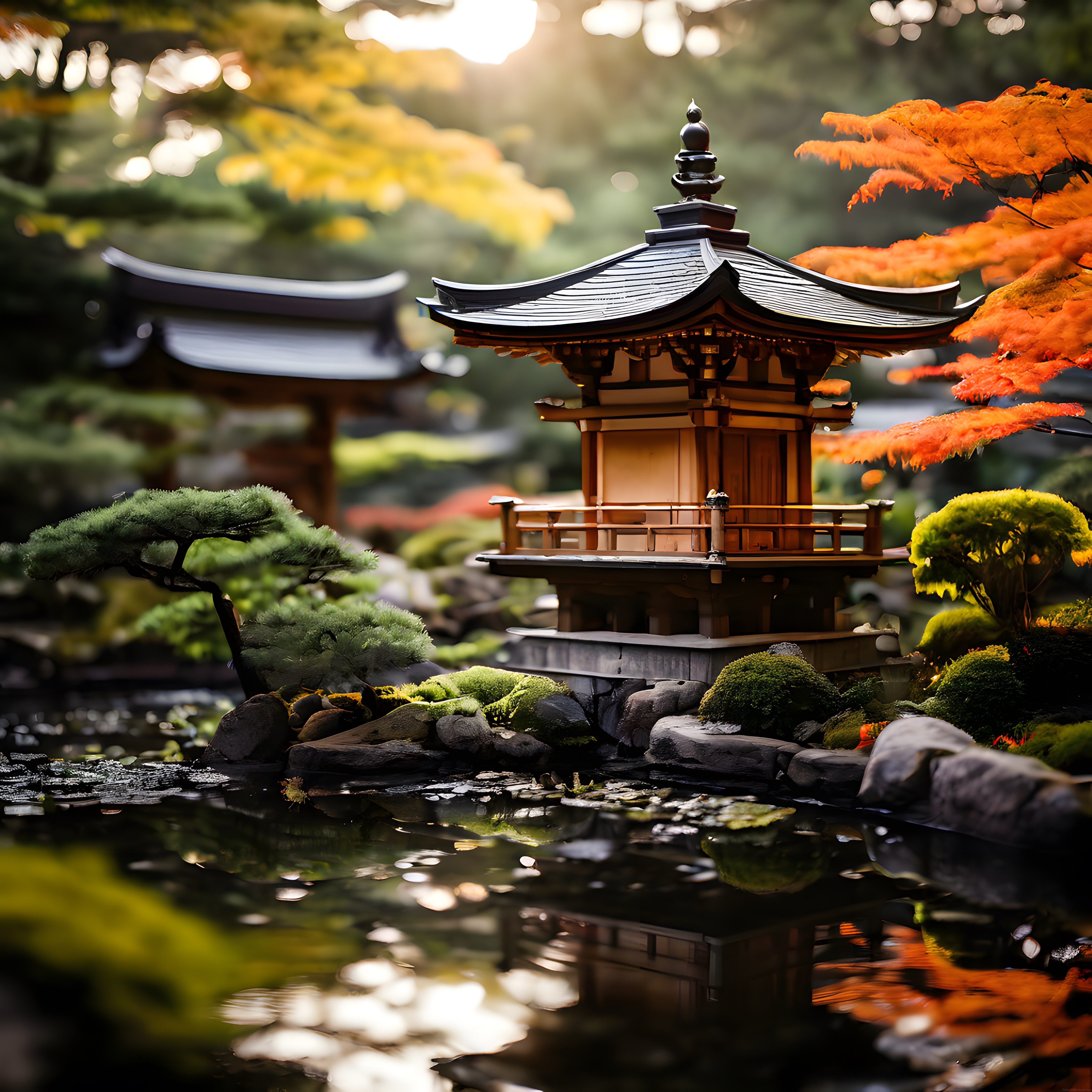 Sonbaharın Huzurunda Göl Kenarındaki Geleneksel Japon Tapınağı ve Bahçesi