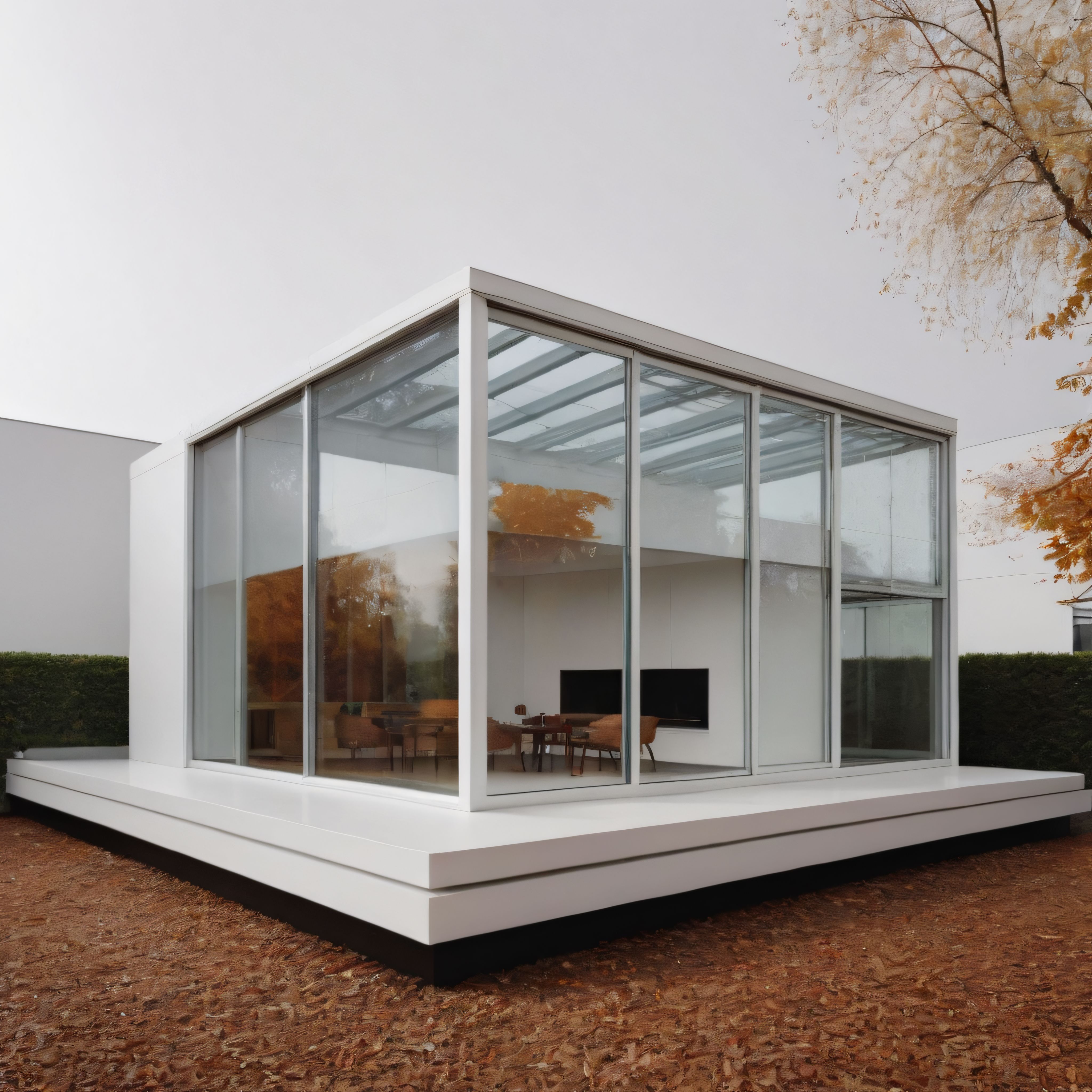Sonbaharın İçinde Cam Cepheli Beyaz Beton Minimalist Modern Villa